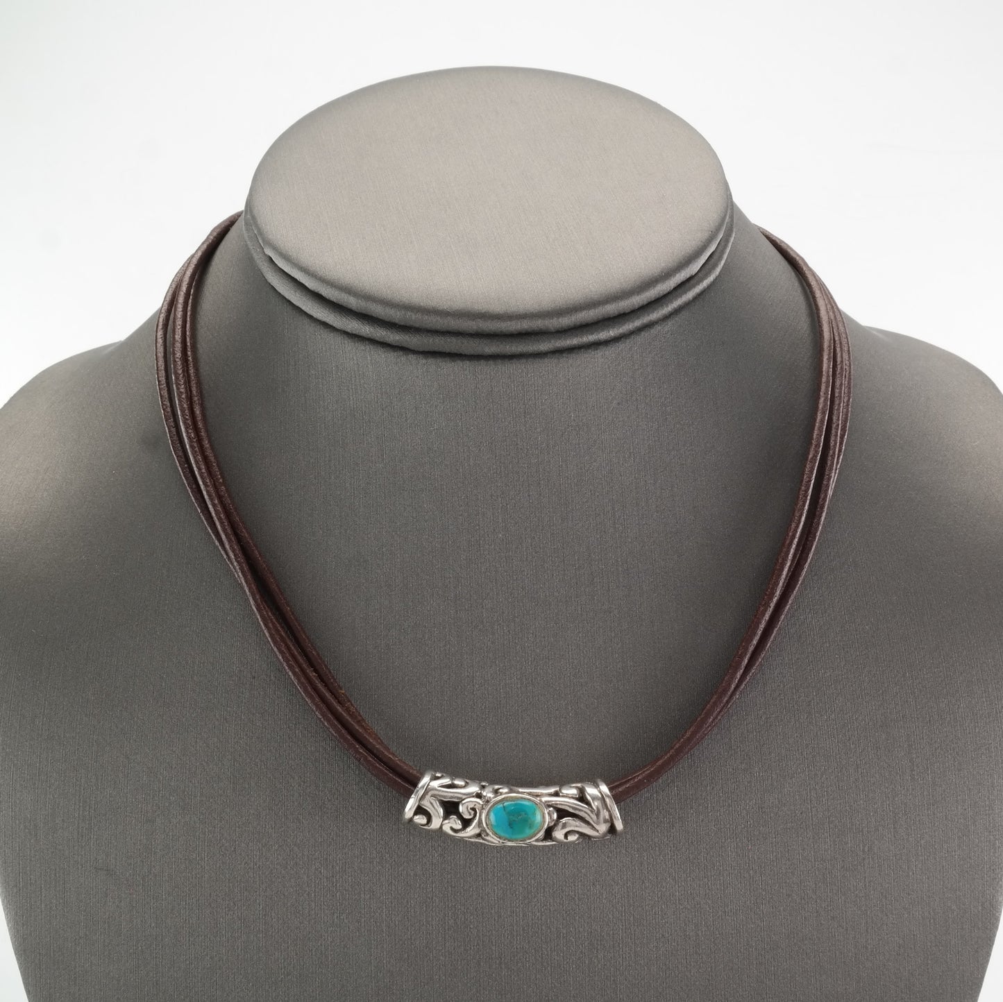 Sterling Silver Brown, Blue Turquoise 3 Strand Leather Necklace