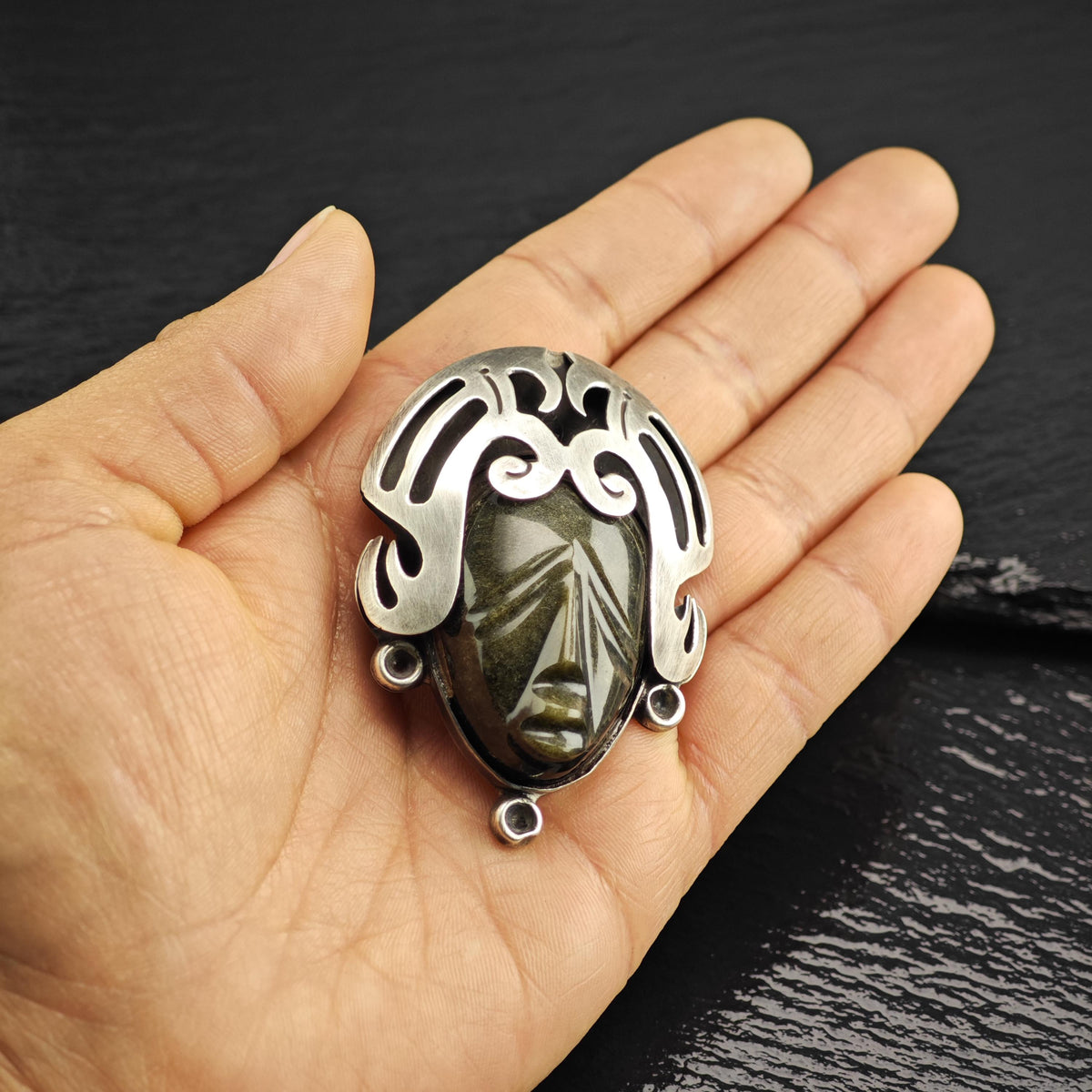 Carved Obsidian Face Sterling Silver Brooch/Pendant P3127