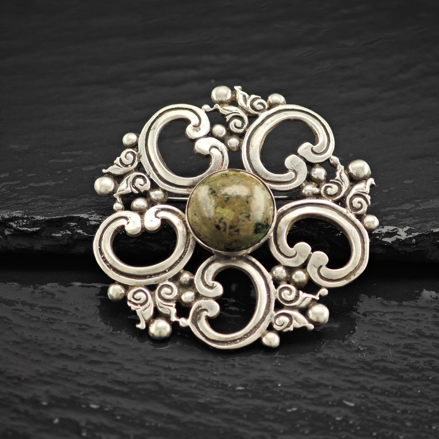 Taxco Multi-Color Serpentine Brooch in Sterling Silver Geometric Design