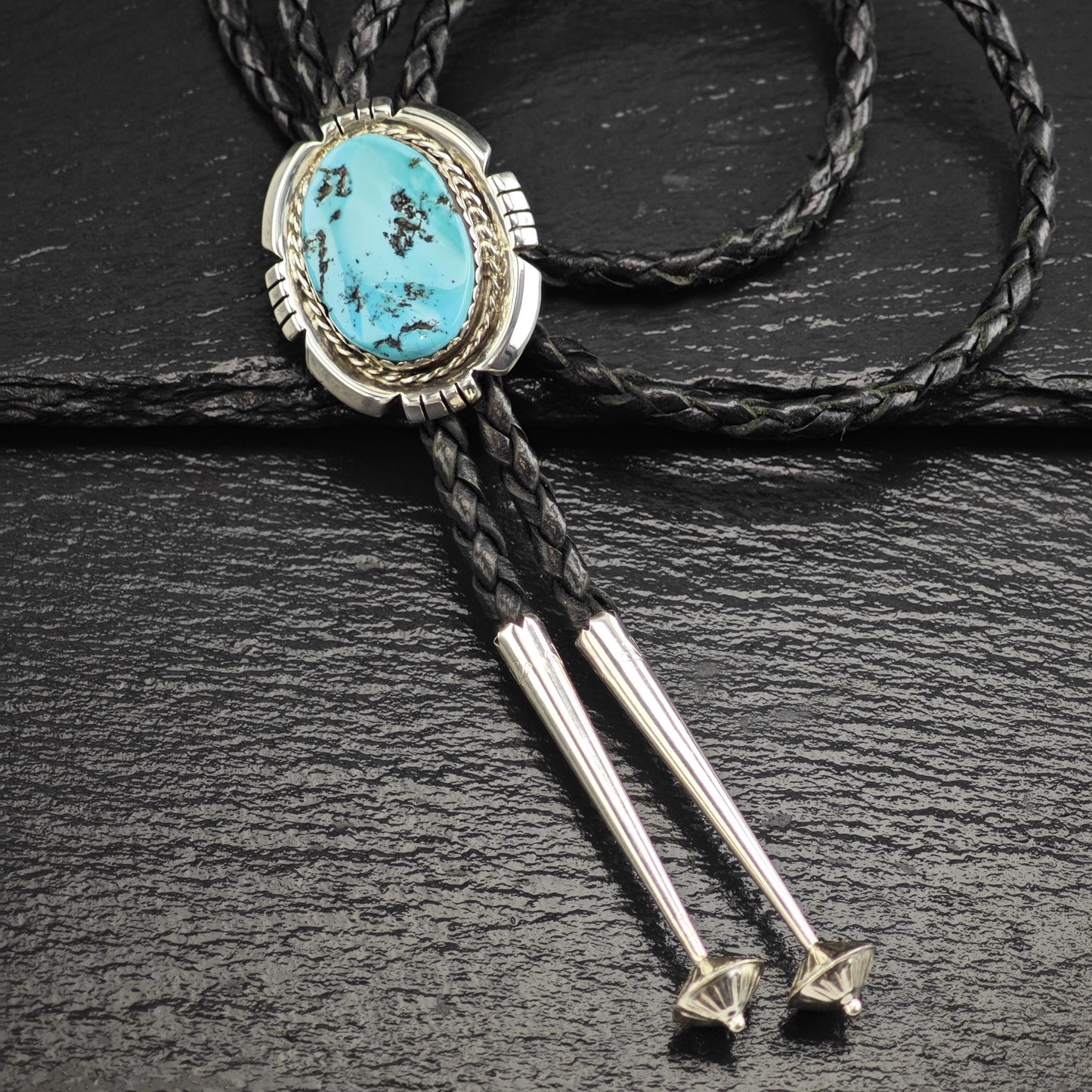 Vintage Native American Sterling Silver Sleeping Beauty Turquoise Bolo Tie Necklace N2745