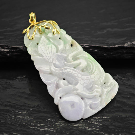 Carved Jadeite Jade 14K Yellow Gold Pendant P3102
