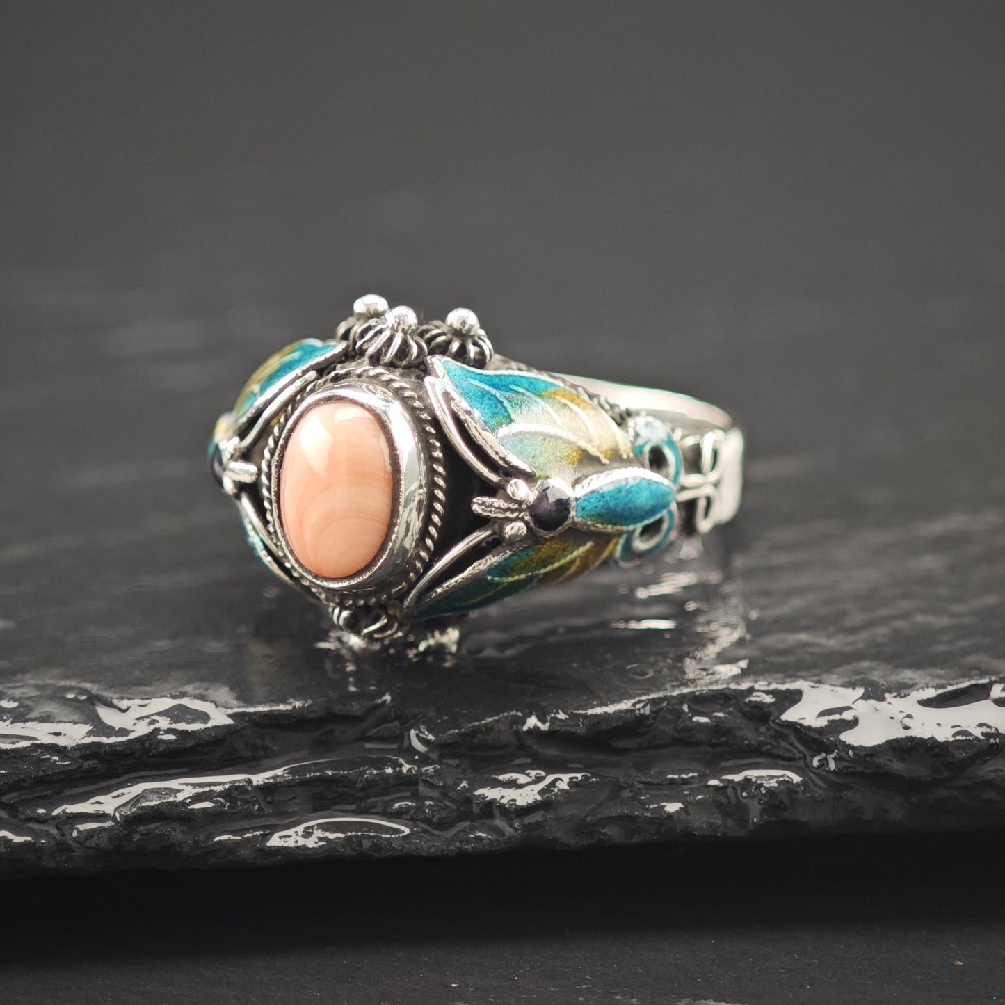 Chinese Export Enamel Conch Butterfly Ring Sterling Silver