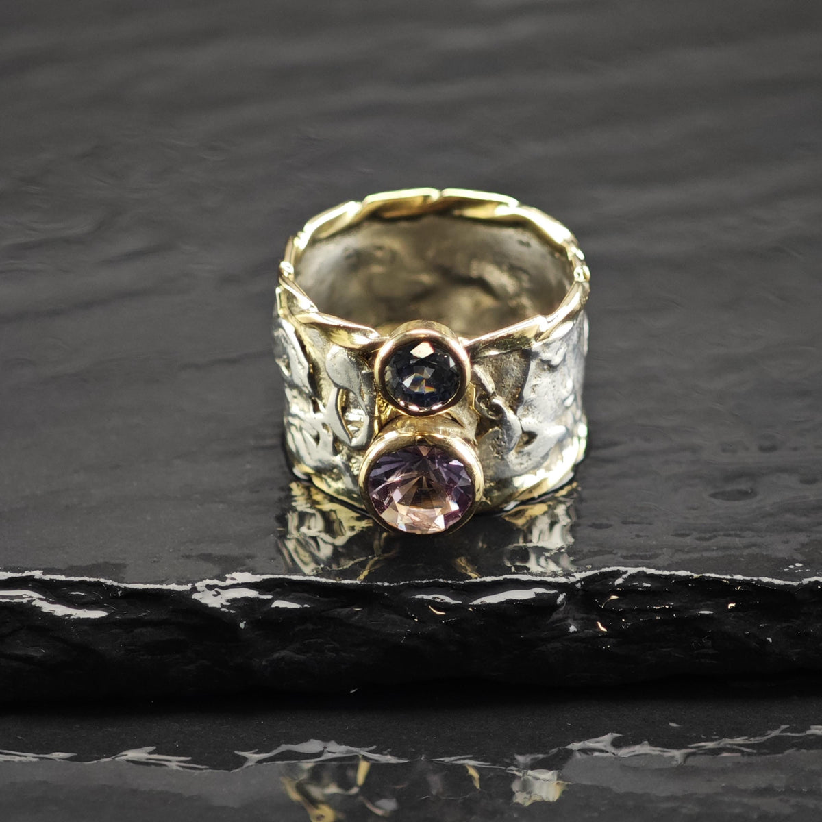 Artisinal Brutalist Amethyst Topaz 10k Gold Accent Sterling Silver Ring Sz 6 R6863