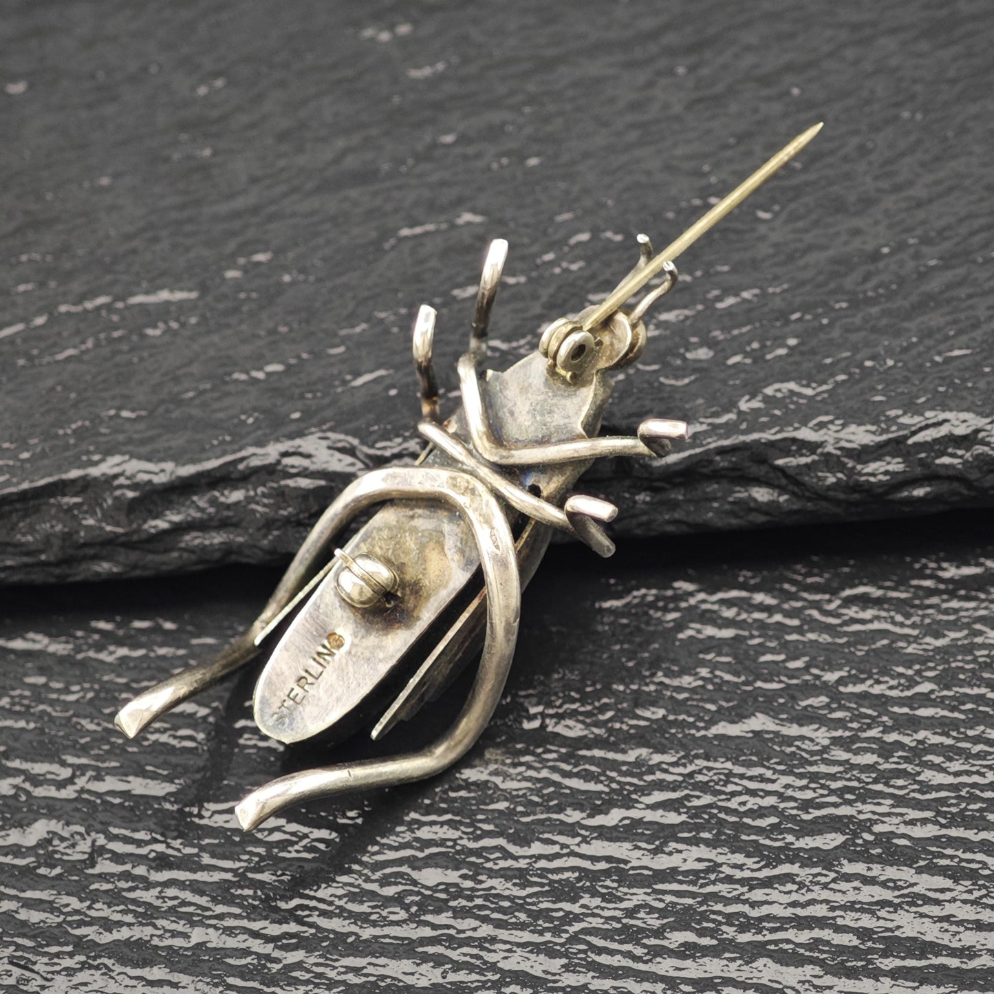 Native American Sterling Silver Brooch Grasshopper Green Malachite