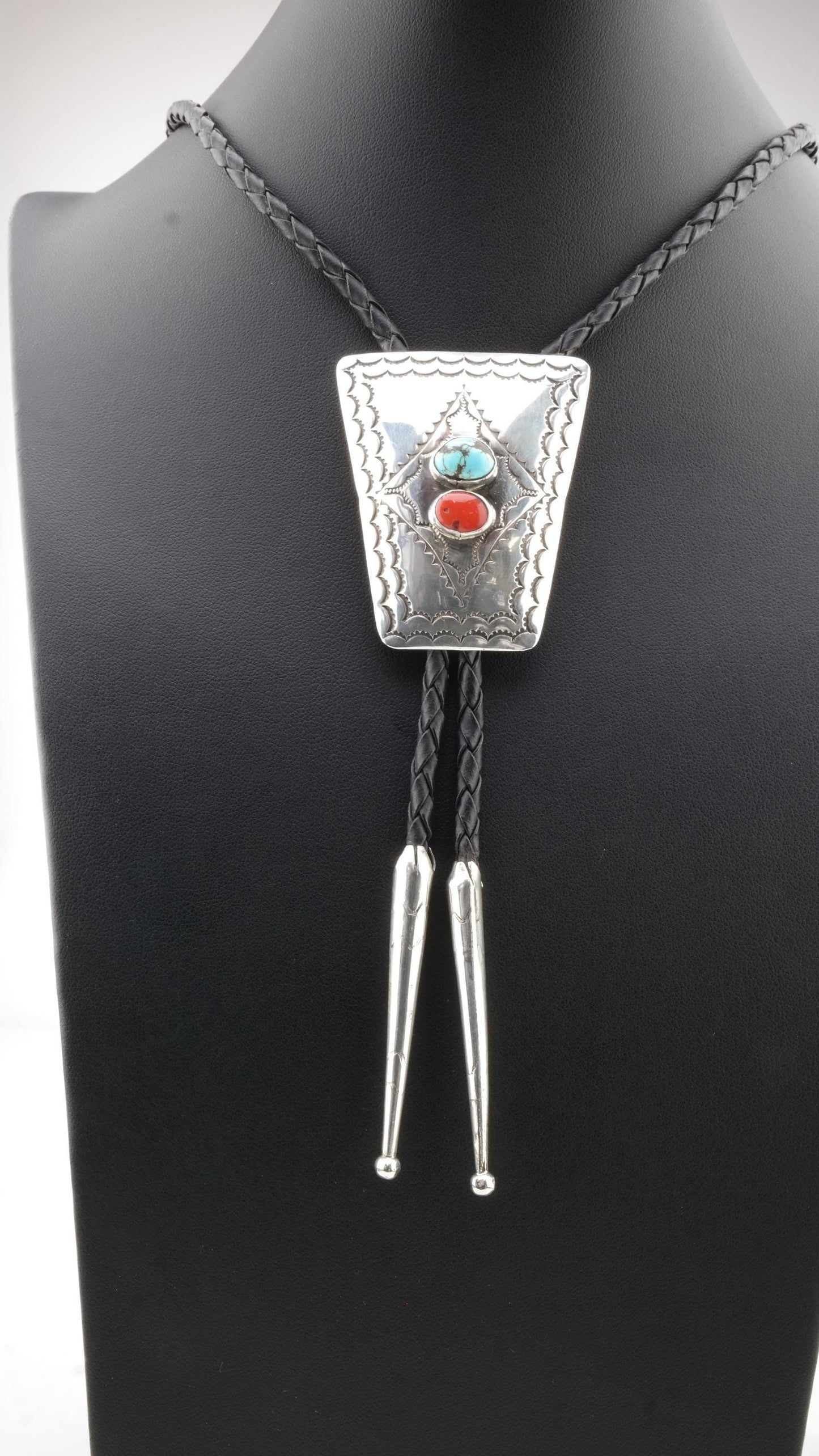 Native American Sterling Silver Blue, Red Turquoise Coral Bolo Tie Necklace