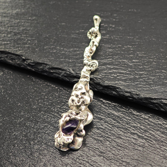 Vintage Brutalist Amethyst Pendant Sterling Silver