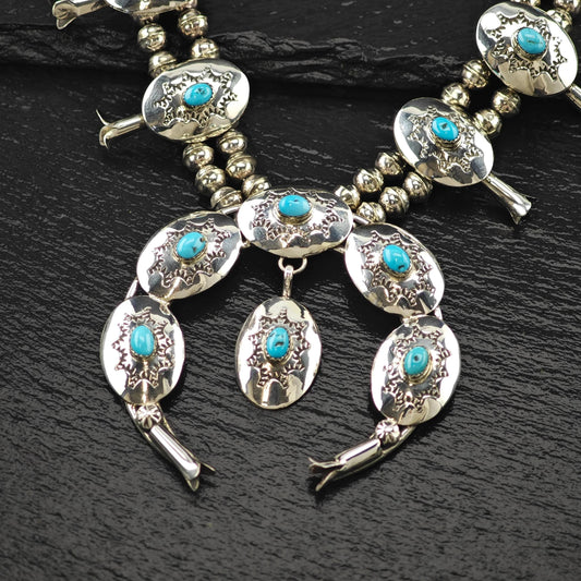 Vintage Southwest Sterling Silver Blue Turquoise Conchos, Stamped Squash Blossom Necklace