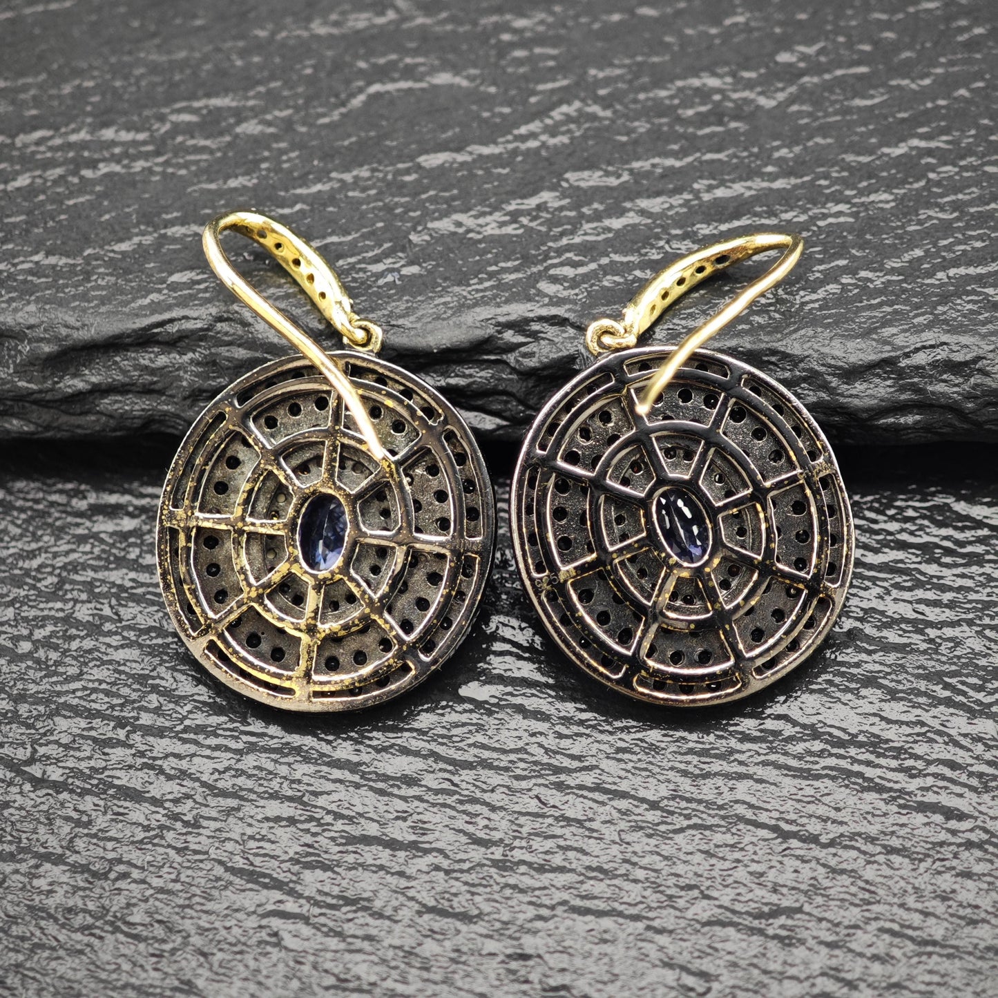 MLD Black, blue, Gold Tanzanite, Diamond, Spinel Pave Sterling Silver Dangle Earrings