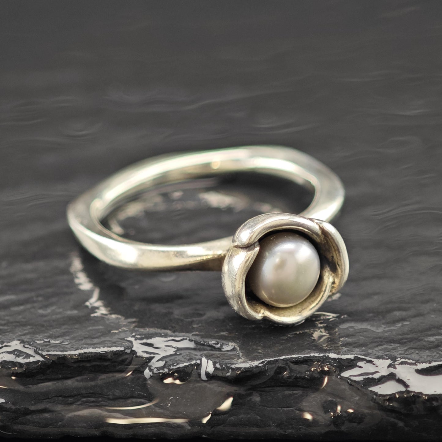 Pandora Grey Pearl Floral Ring Sterling Silver Sz 8