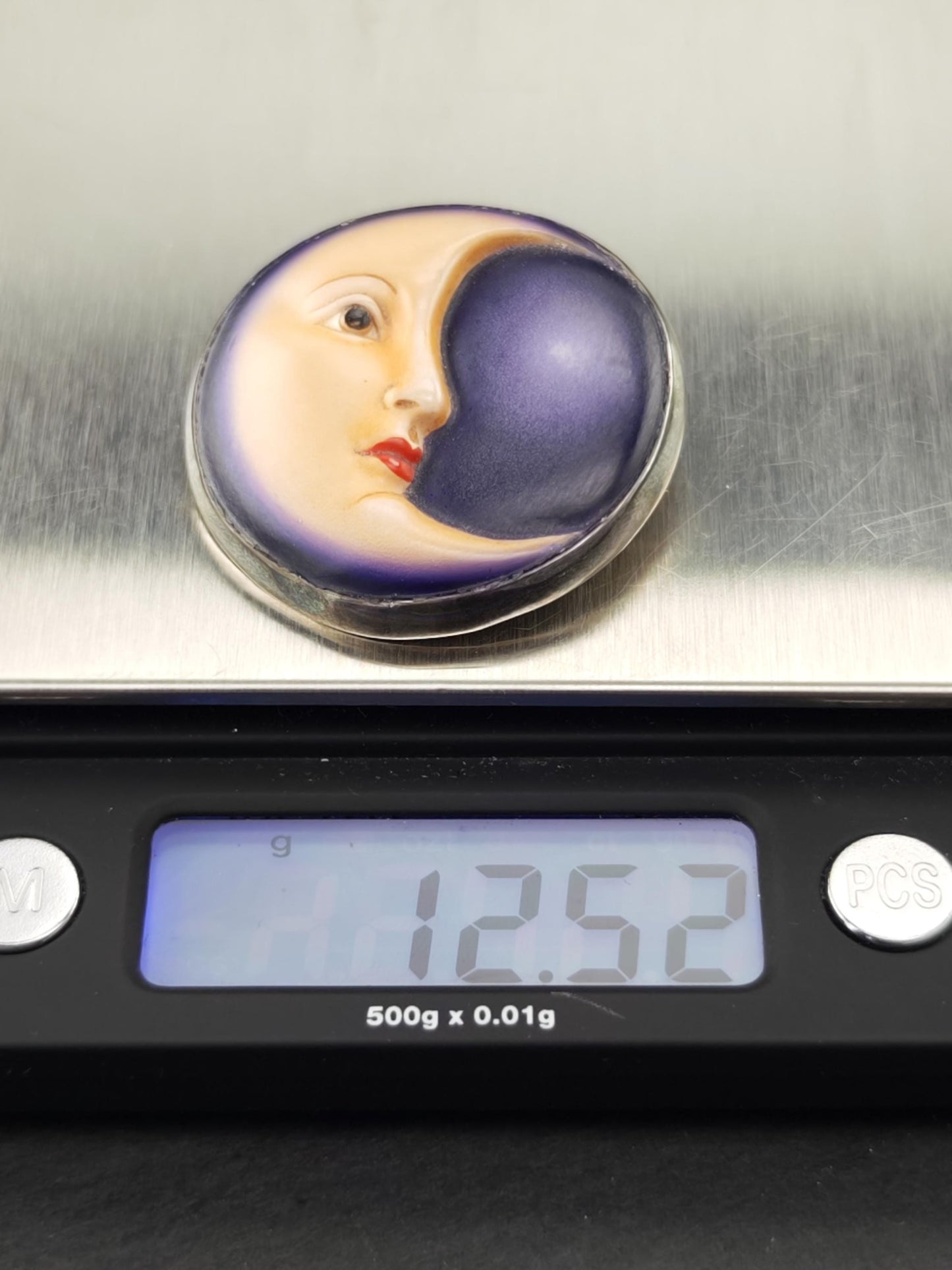Sergio Bustamante Enamel, Moonface Brooch/Pendant Sterling Silver