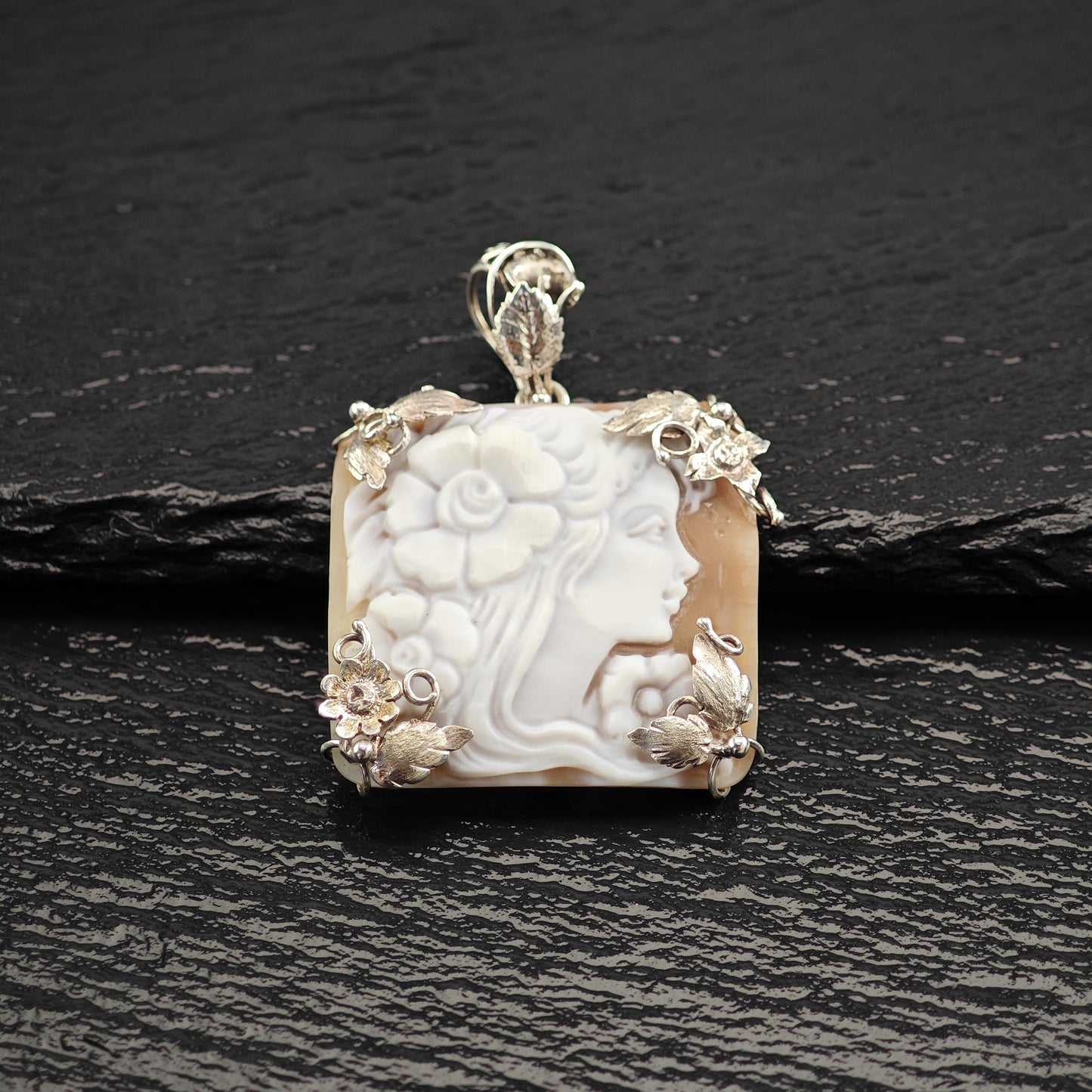 Vintage Italy Made Cameo Floral Pendant Sterling Silver