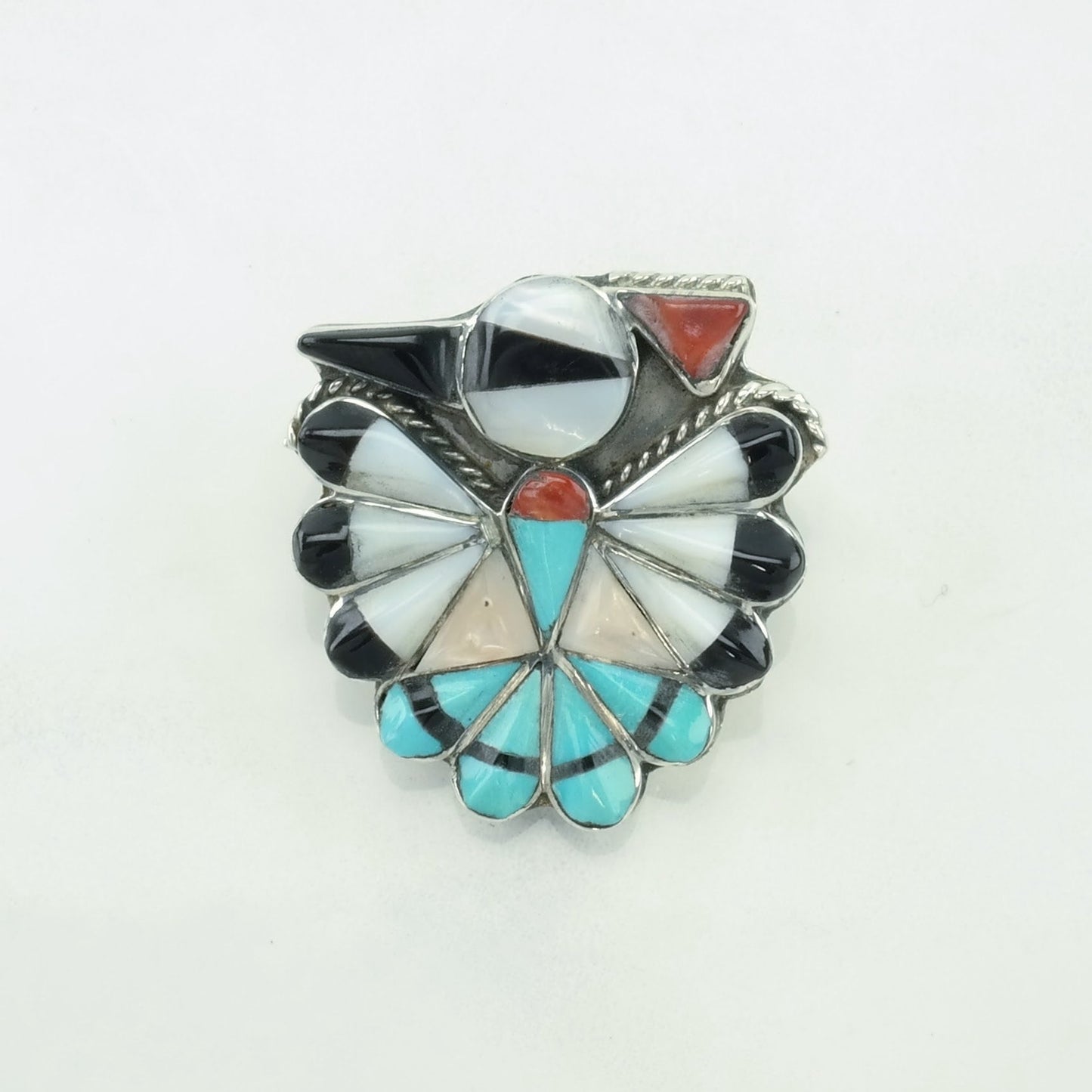 Native American MOP, Onyx, Turquoise, Coral Inlay, Thunderbird Sterling Silver Pendant