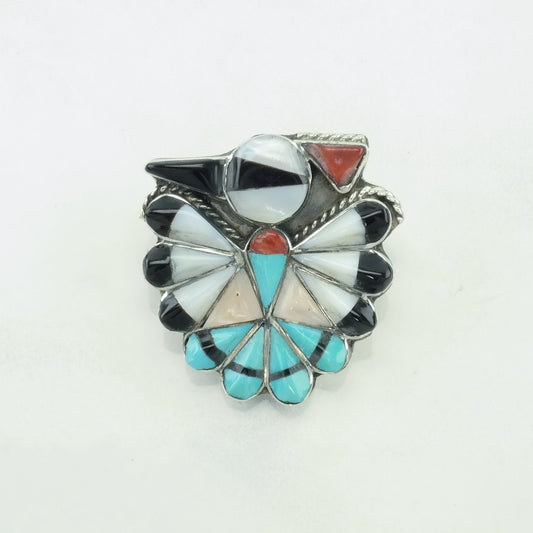 Vintage Native American MOP, Onyx, Turquoise, Coral Inlay, Thunderbird Sterling Silver Pendant