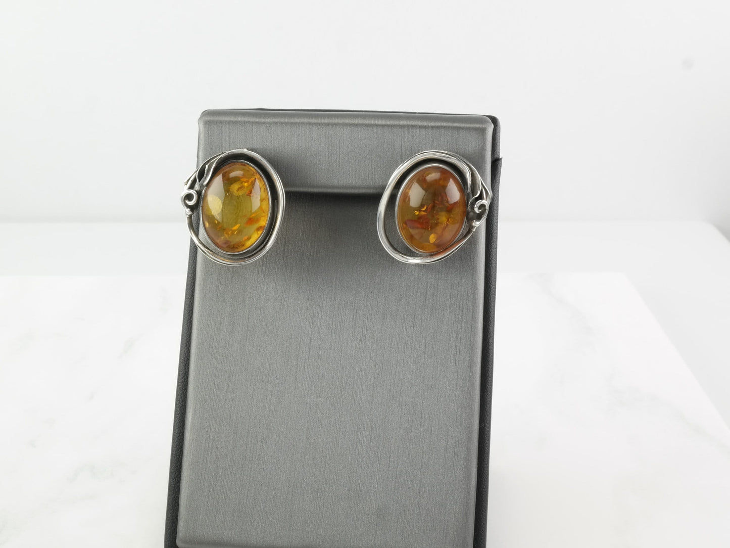 Art Novaue Style Sterling Silver Orange Amber Earrings Stud