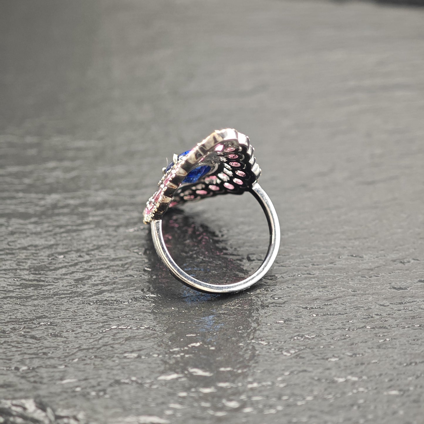 Oxidized Diamond, Sapphire, Tourmaline Ring Sterling Silver R5800