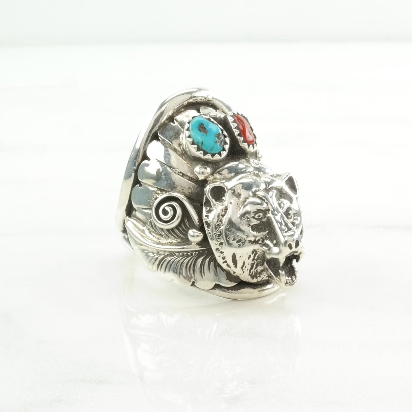 Native American Silver Ring Turquoise, Coral Bear Sterling Blue, Red Size 11 1/