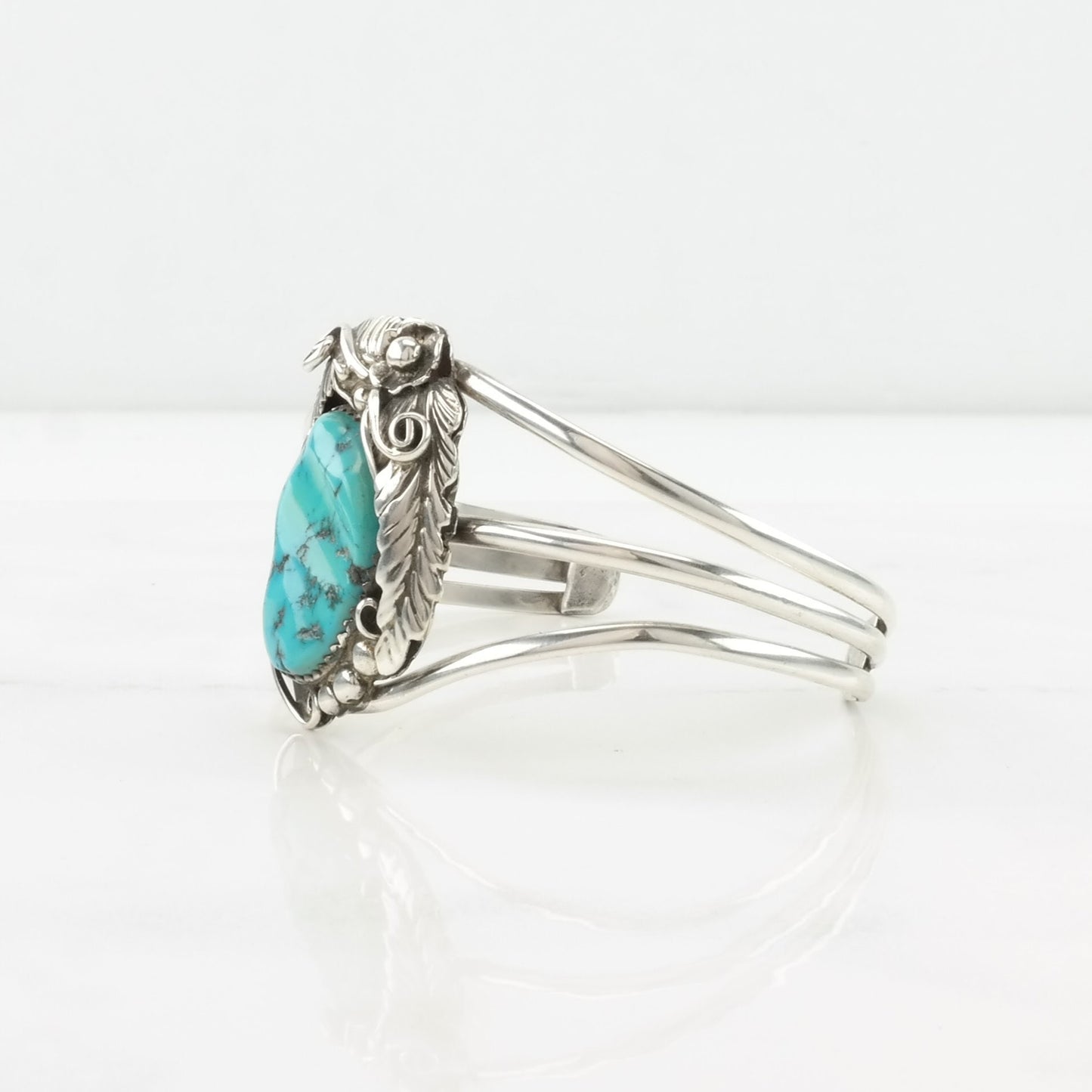 Native American Sterling Silver Cuff Bracelet Blue Turquoise Leaf, Sleeping Beauty