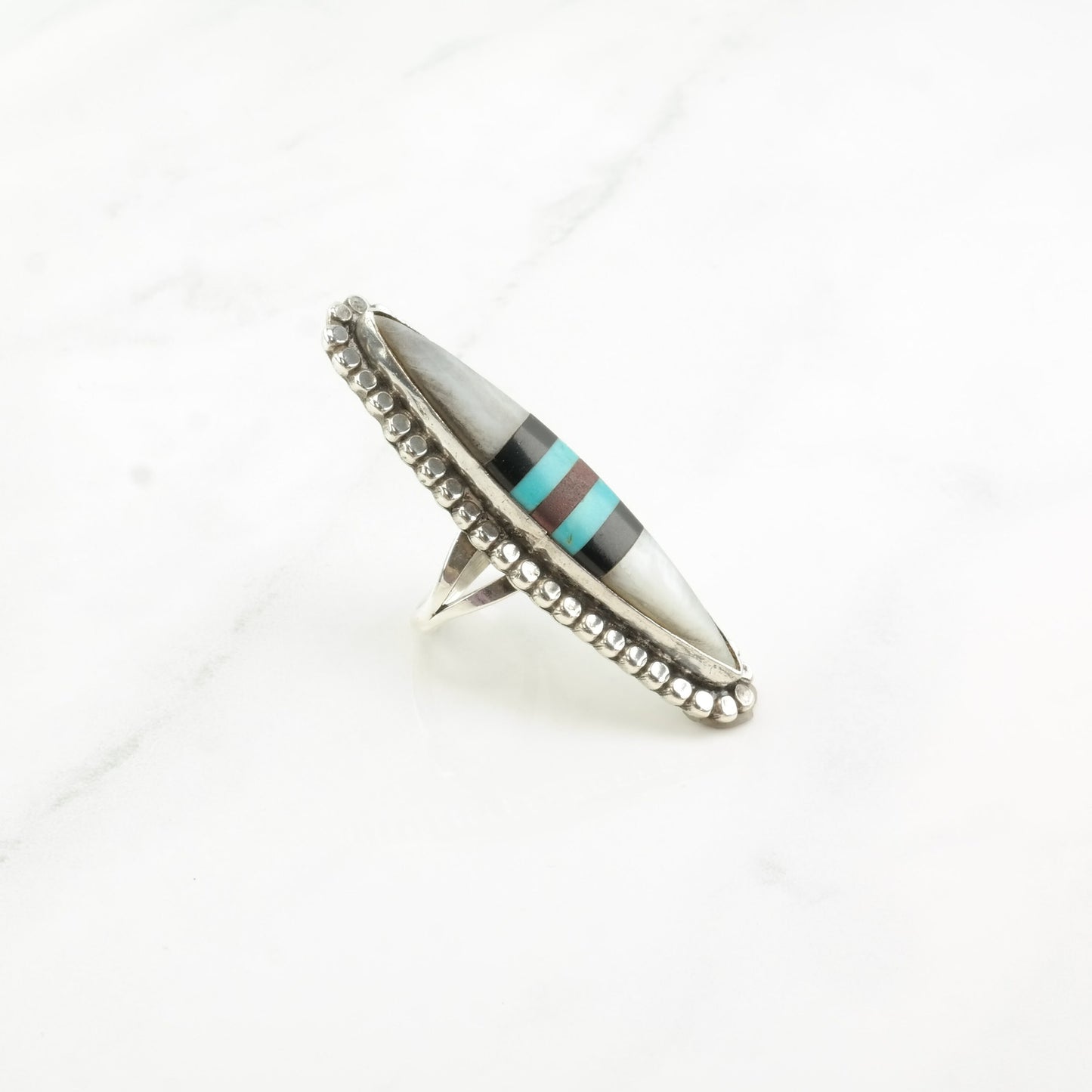 Zuni Silver Ring MOP Onyx Turquoise Navette Long Oval Inlay Sterling Size 6 1/2