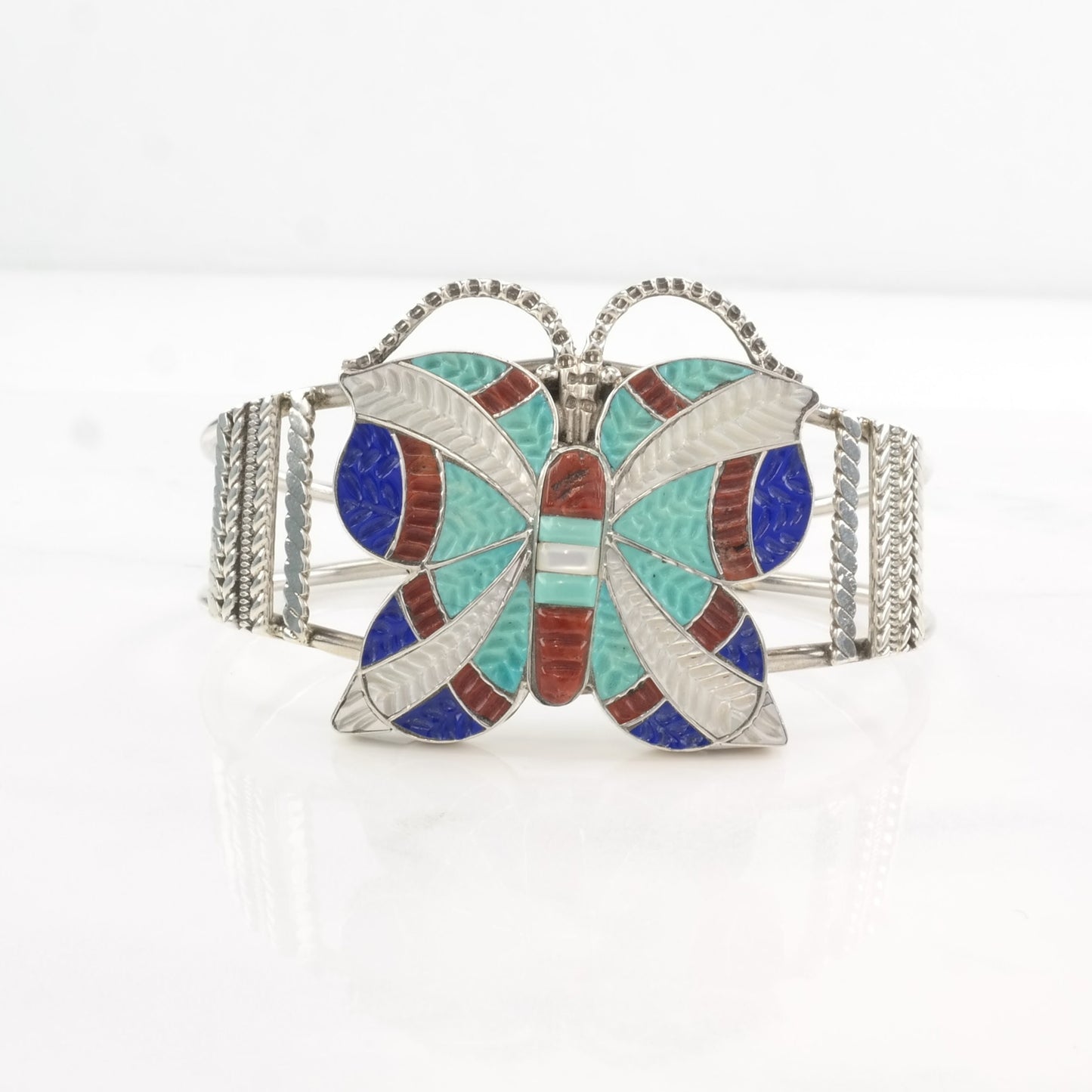 Vintage Zuni Inlay Butterfly Cuff Bracelet Native American Sterling Silver Carved Turquoise