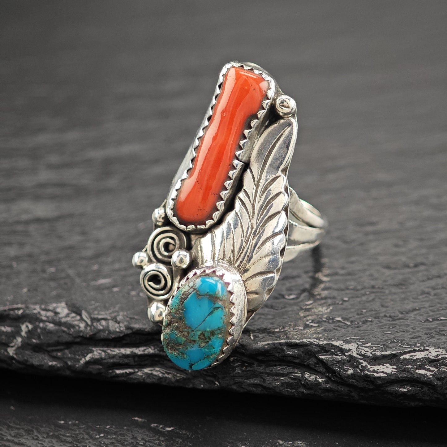 Turquoise Coral Floral Ring Sterling Silver Size 6 1/2 R5829