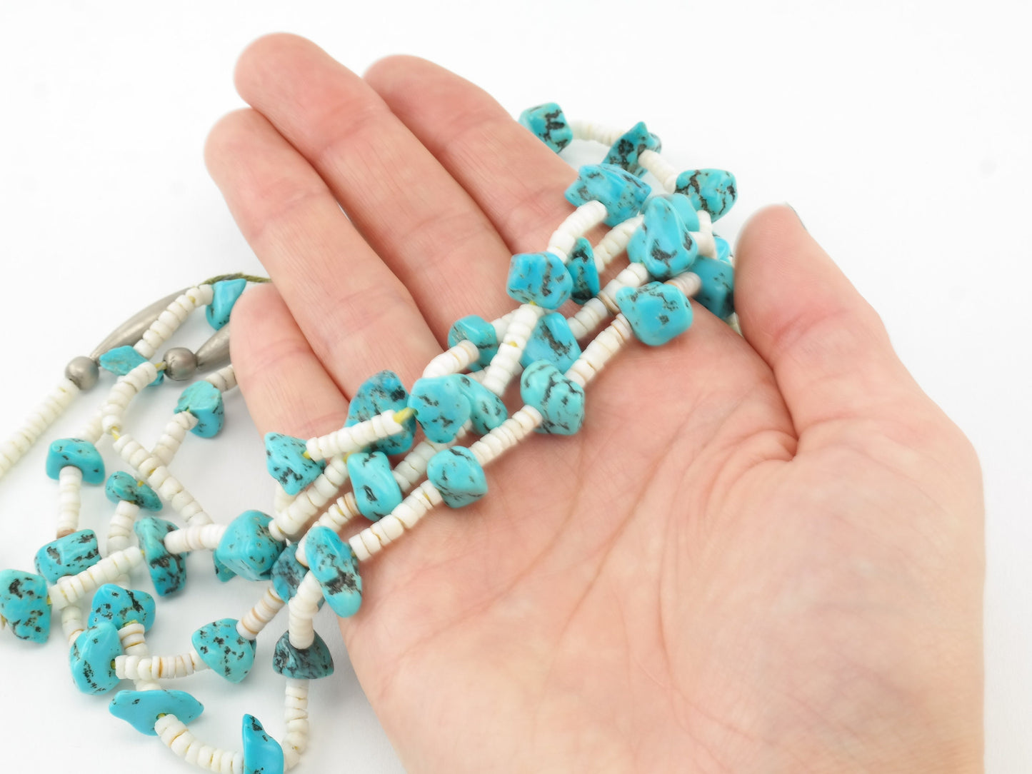 Sw Turquoise, Coral, Shell, Two Strand, Heishi Sterling Silver Bead Necklace N1626