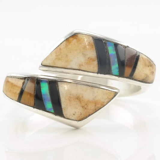 Vintage Native American Ring Multi Gem Inlay Sterling Silver Size 8