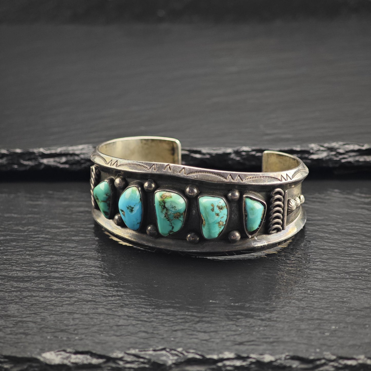 AS IS Native American Turquoise Heavy Patina Sterling Silver Cuff Sz 6 1/4" BR3118
