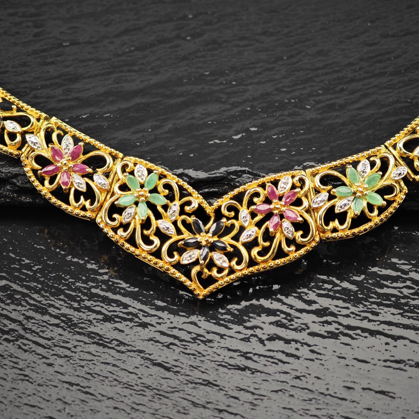 Multi-color Emerald Ruby Sapphire Floral Gold Plated Collar Necklace Sterling Silver N2657