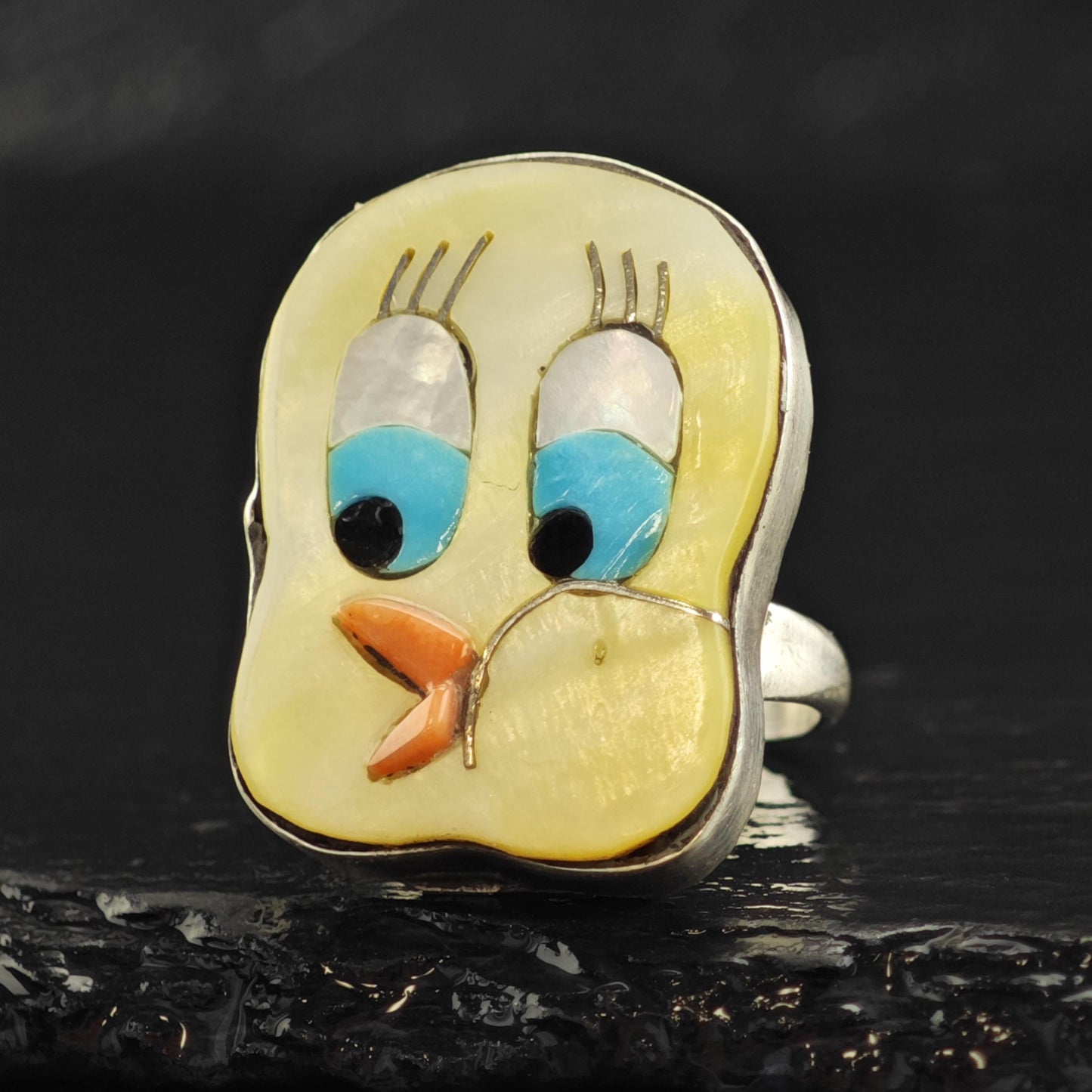Cartoon Bird Inlay Sterling Silver Ring Sz 6 R6556