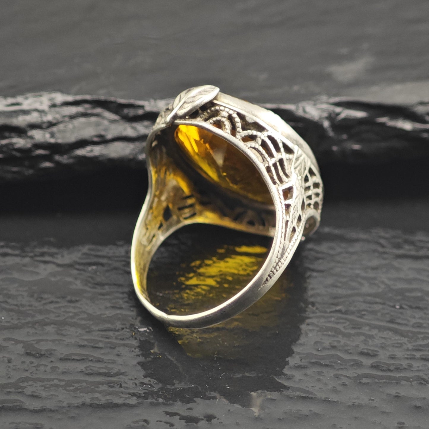 AS IS Art Deco Filigree Orange Paste Sterling Silver Ring Sz 5 3/4 R6675