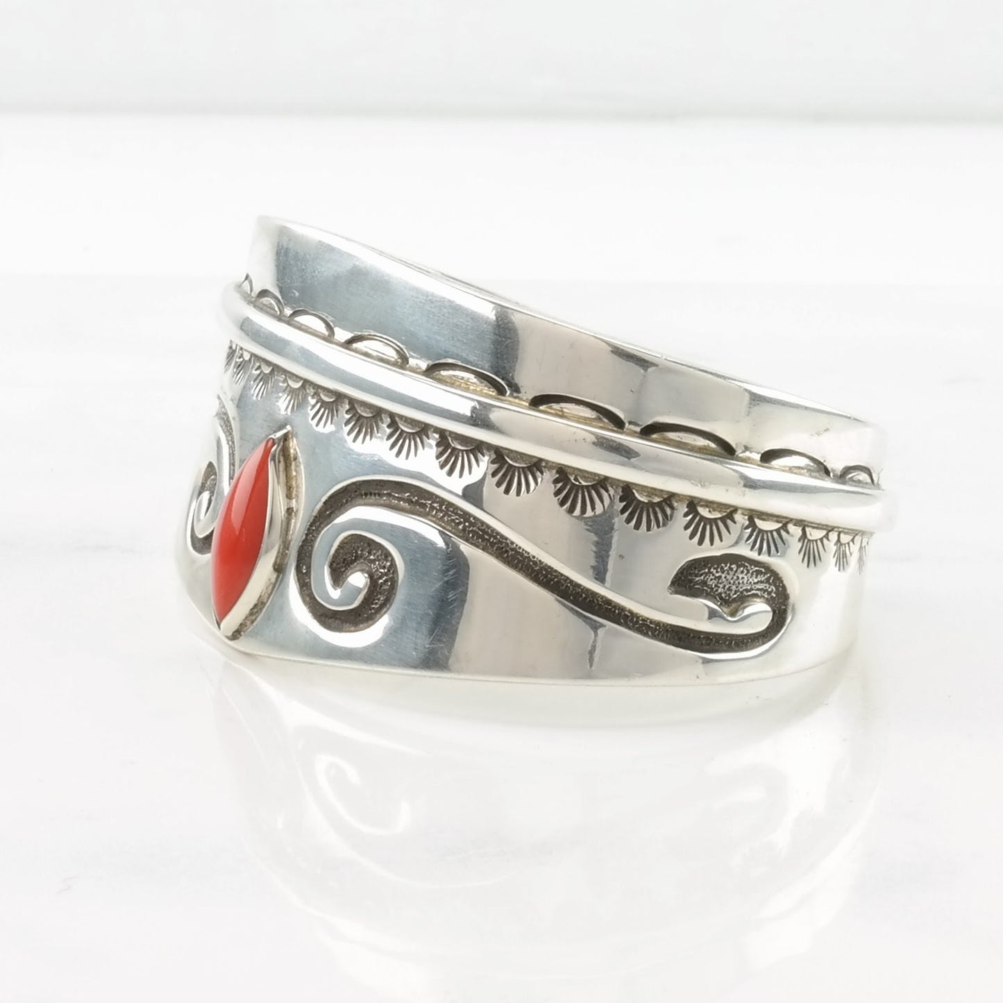 Native American Sterling Silver Cuff Bracelet Red Coral Stamped