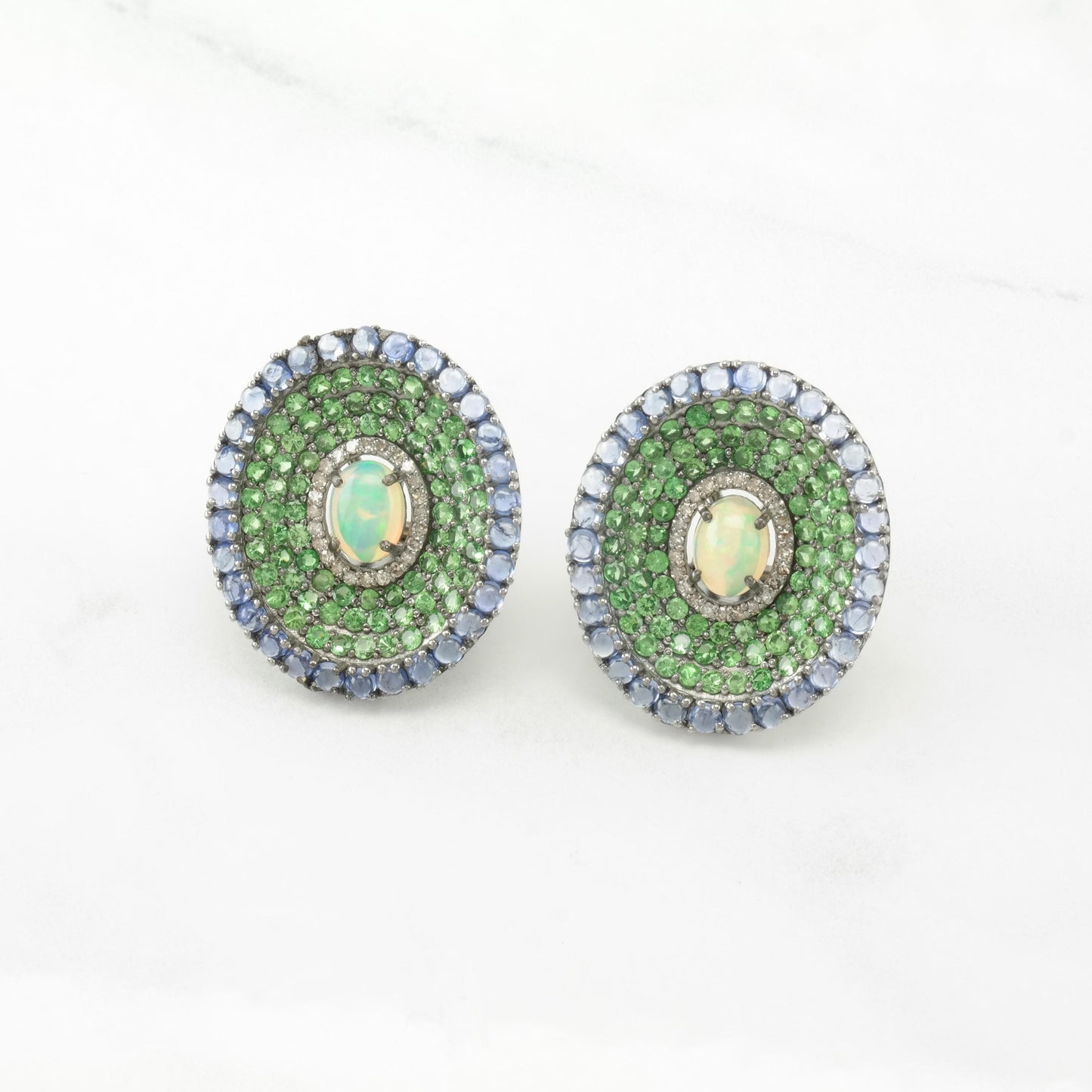 Vintage Diamond, Sapphire, Tsavorite, Opal Oval, Large Sterling Silver Pierced Omega Back Earrings