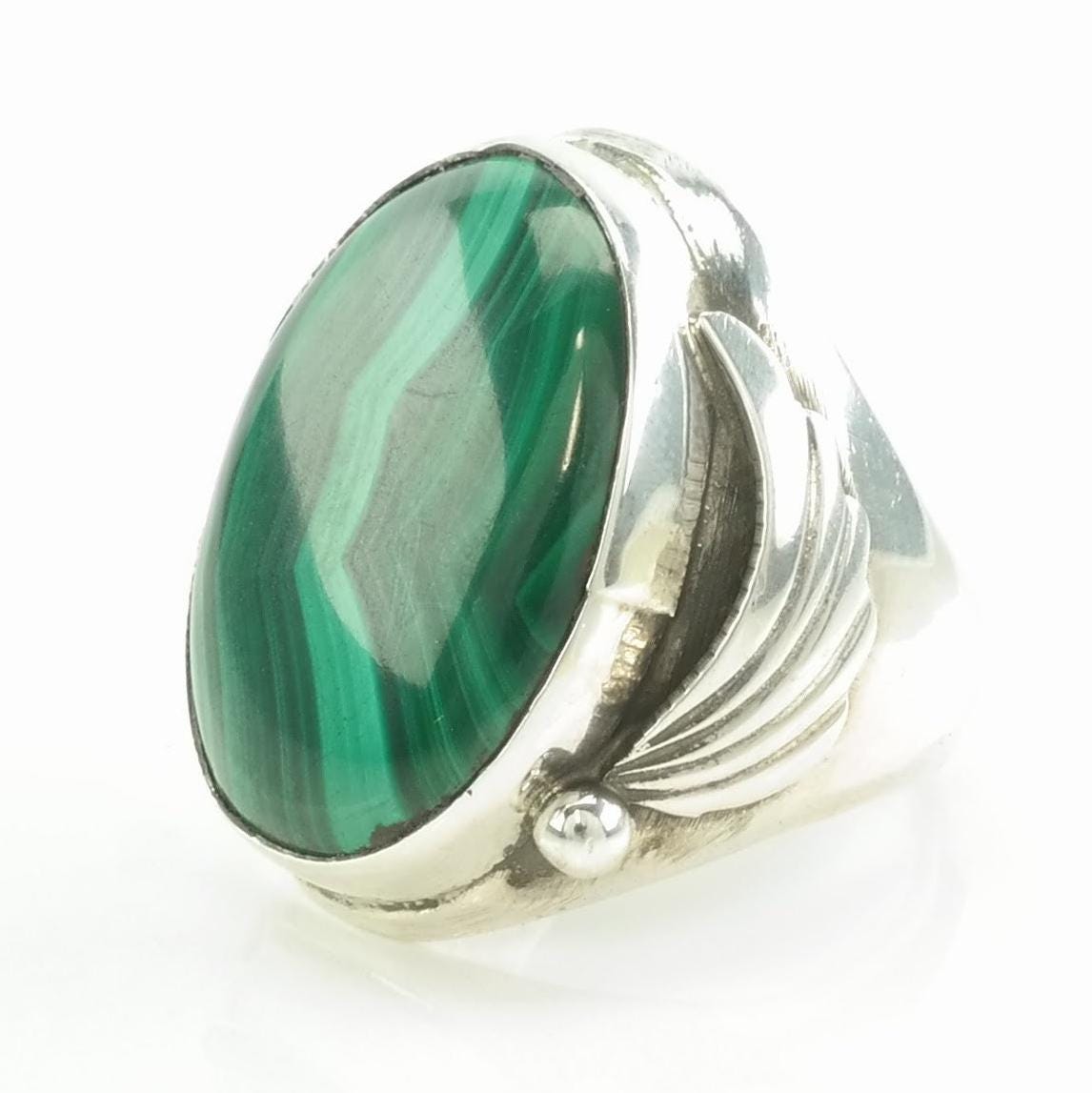 Vintage Large Silver Ring Malachite Leaf Sterling Green Size 9 1/2