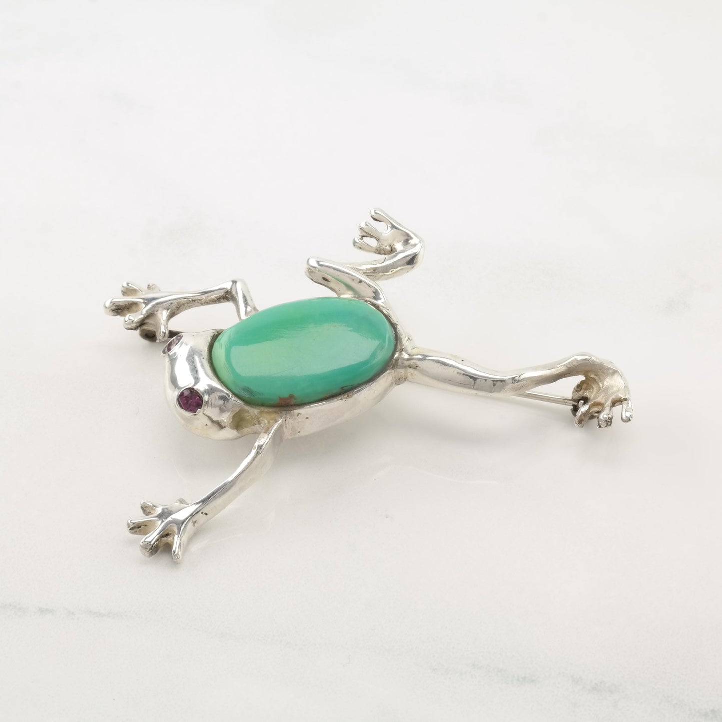 Vintage Southwest Drozd Turquoise, Amethyst Sterling Silver Frog Brooch