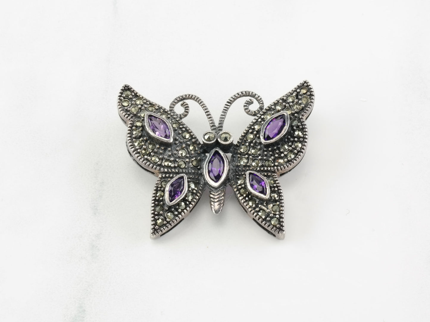 Art Deco Brooch Butterfly Amethyst Marcasite Sterling Silver