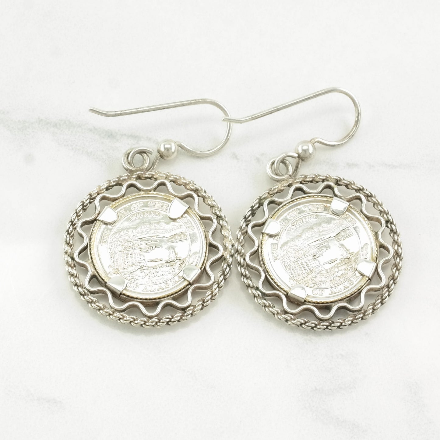 Sterling Silver Wolf Coin, Alaska, Gold Tone Earrings Fish hook