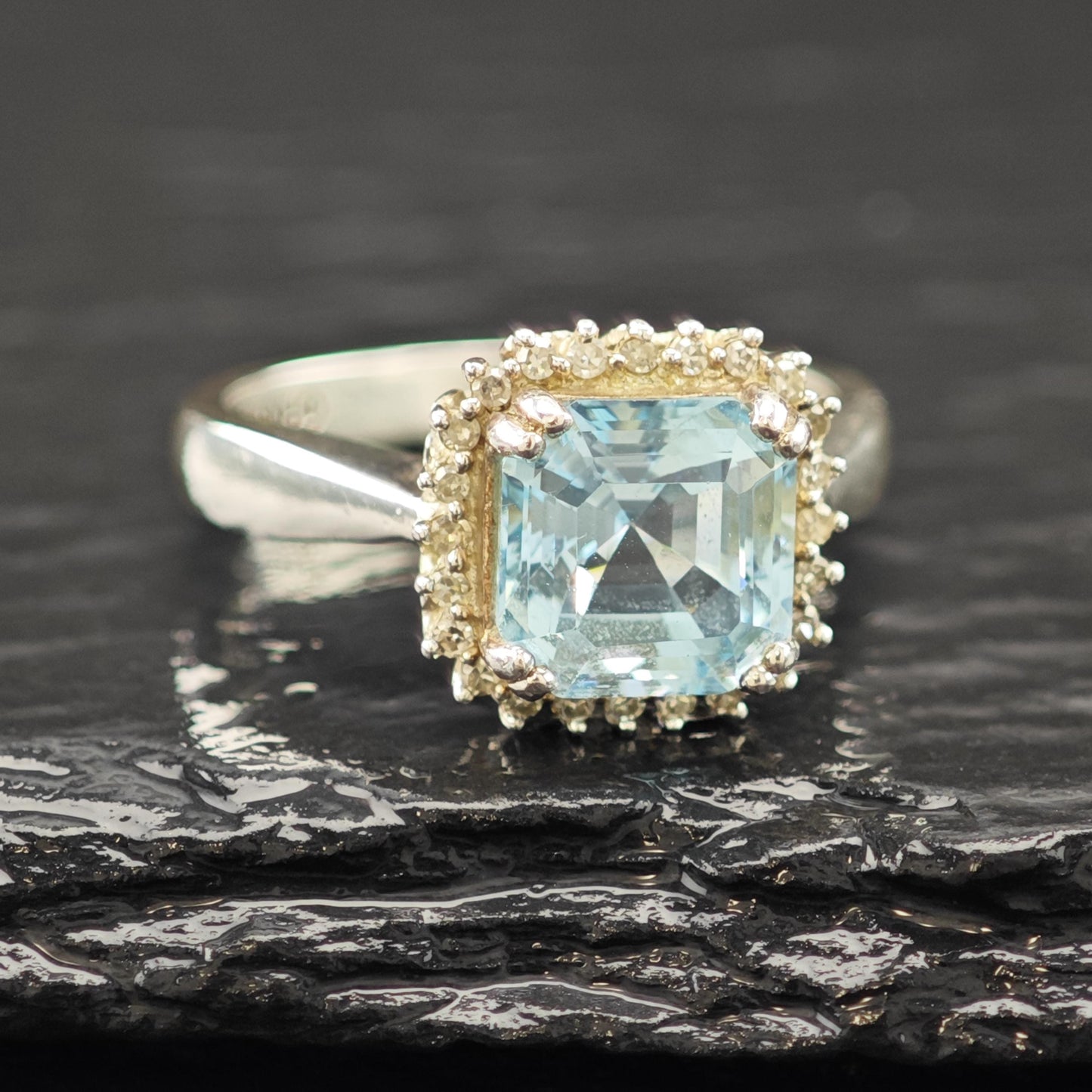 Squared Topaz Diamond Ring Sterling Silver Sz 7 R6200