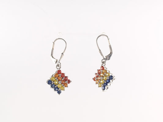 Sterling Silver Blue, Yellow, Orange, Red Sapphire, Diamond Earrings