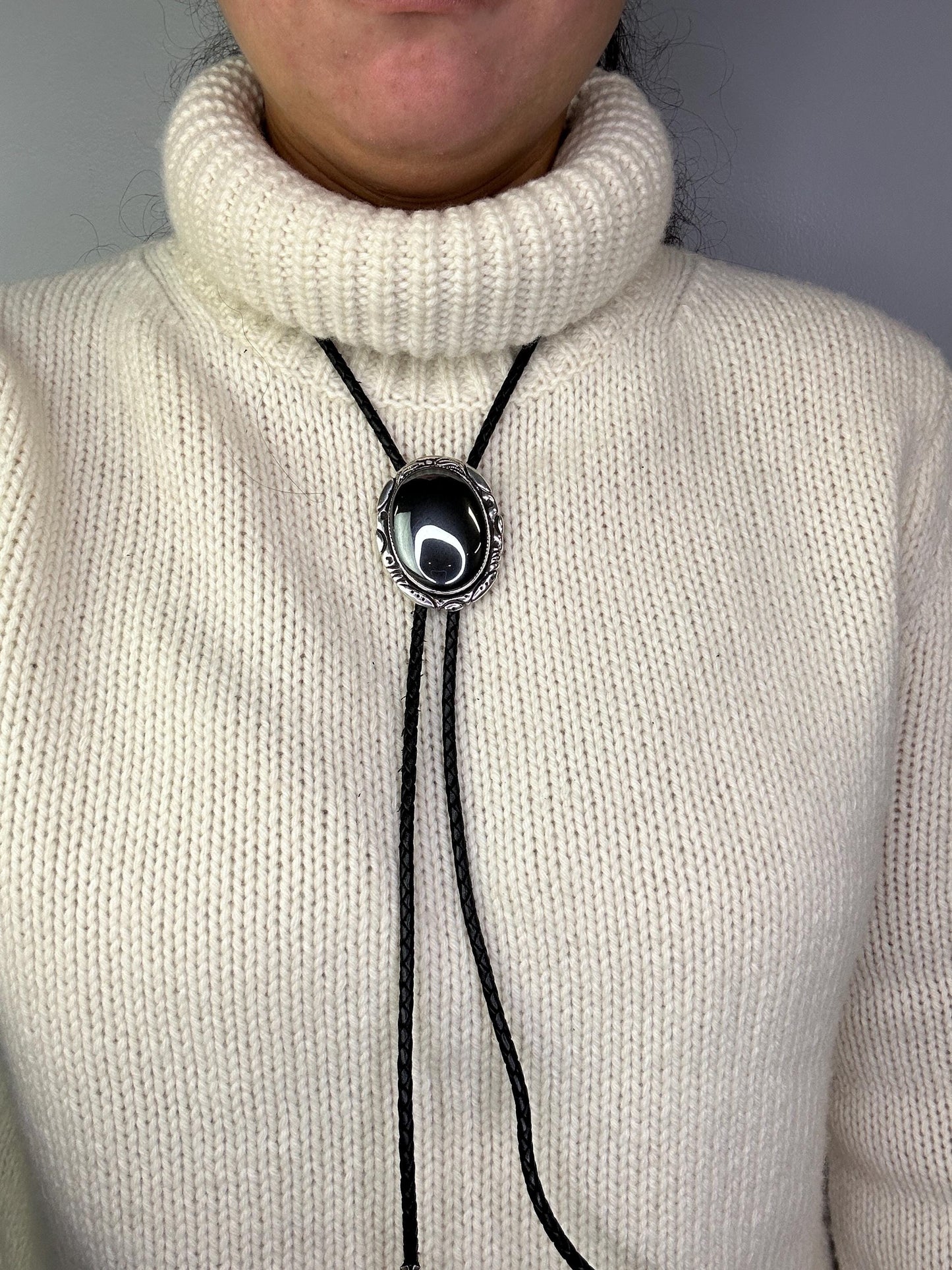 Black Hematite Bolo Tie Necklace Southwest Sterling Silver Vintage