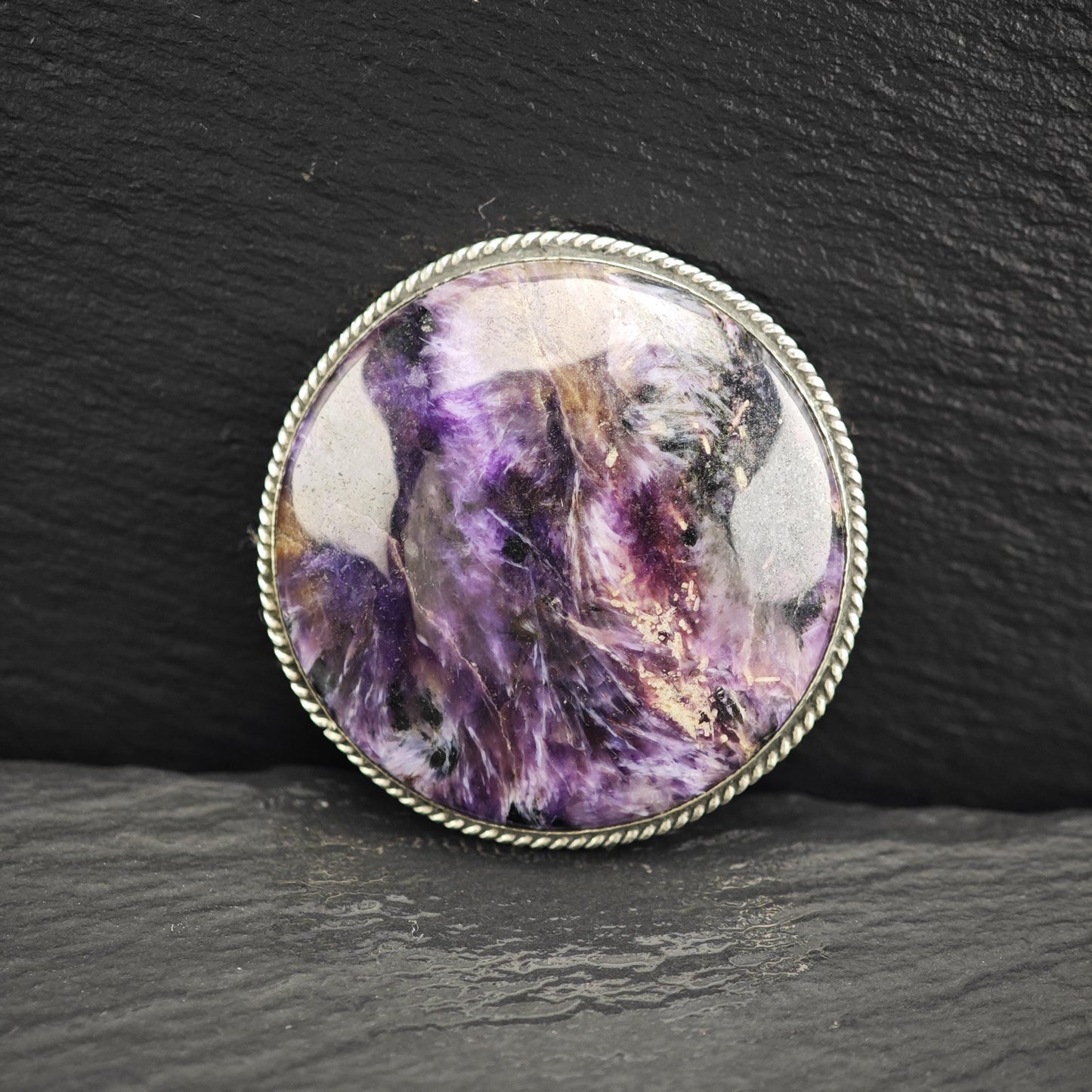 Charoite Round Brooch in Sterling Silver