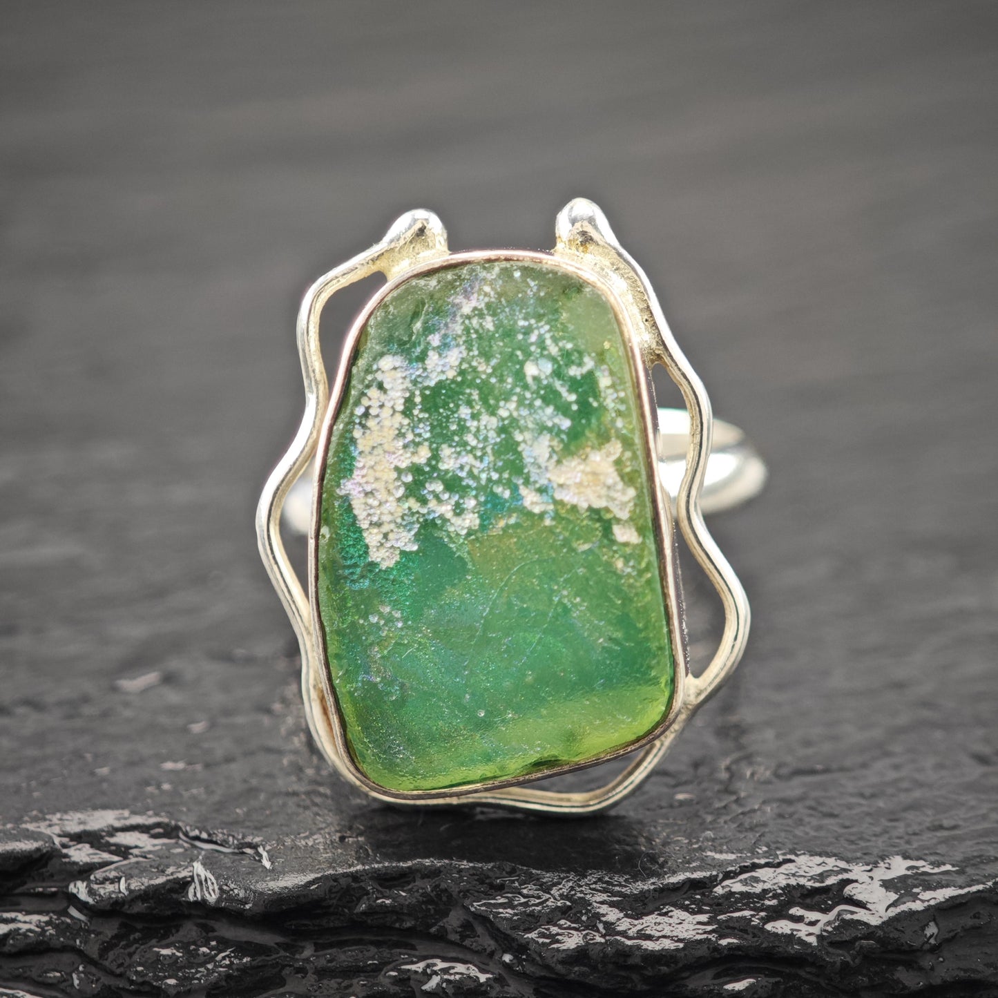 Sterling Silver Ring: Sea Glass Centerpiece - Vintage Style Size 8