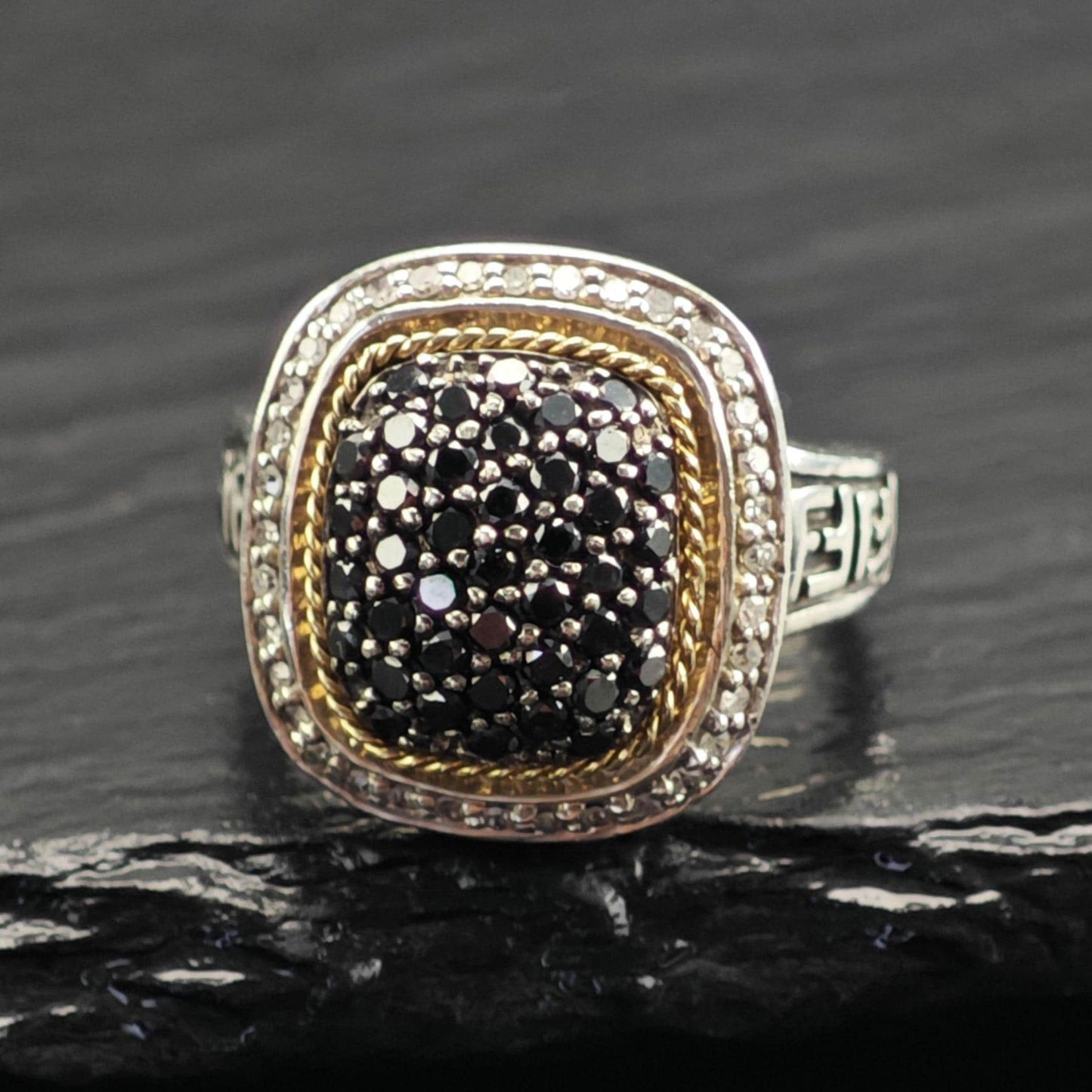 EFFY Black & White Diamond 18K Gold Accent Sterling Silver Ring Sz 7 R6731