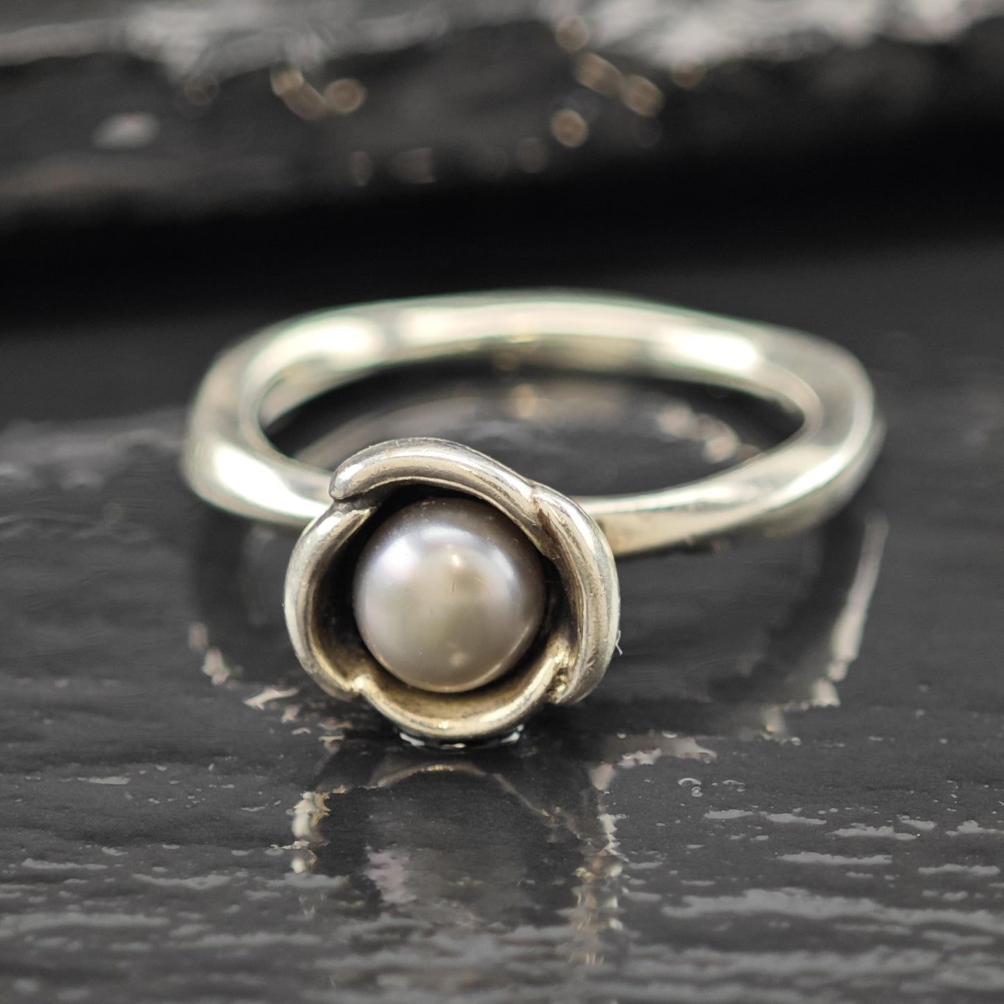 Pandora Grey Pearl Floral Ring Sterling Silver Sz 8