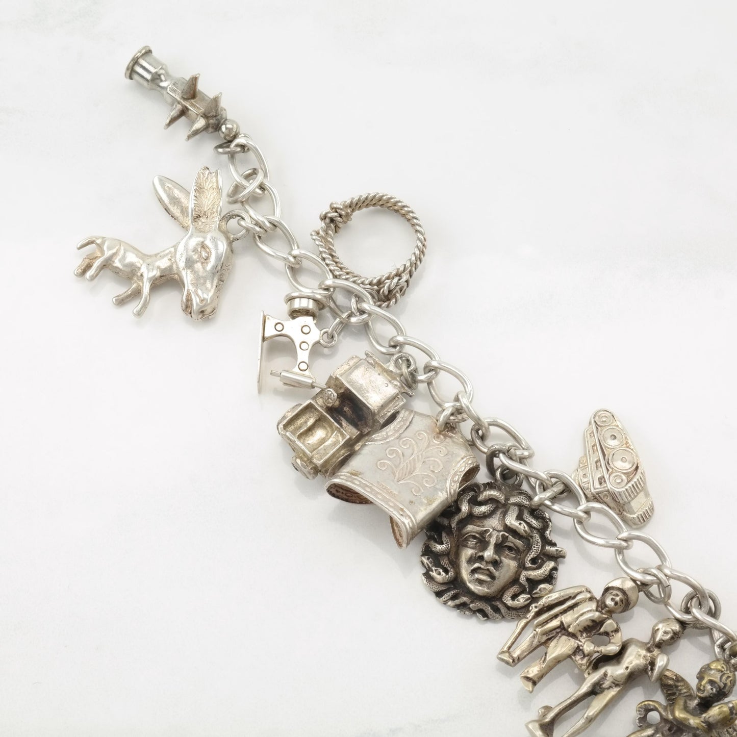 Art Nouveau 16 Charm Bracelet Sterling Silver Military, Angels & Misc