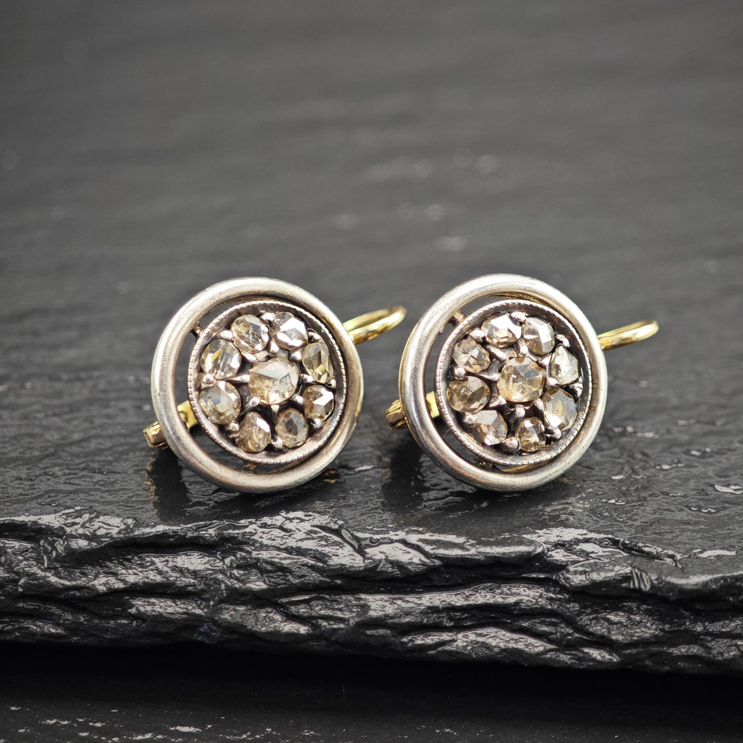 Antique Gold Rose Cut Diamond Lever Back Earrings Silver Over Gold Georgian Elegance
