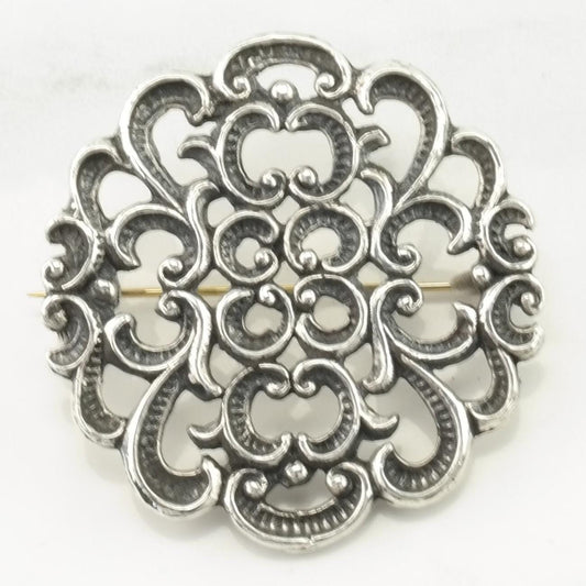 Baroque European Sterling Silver Brooch Scroll