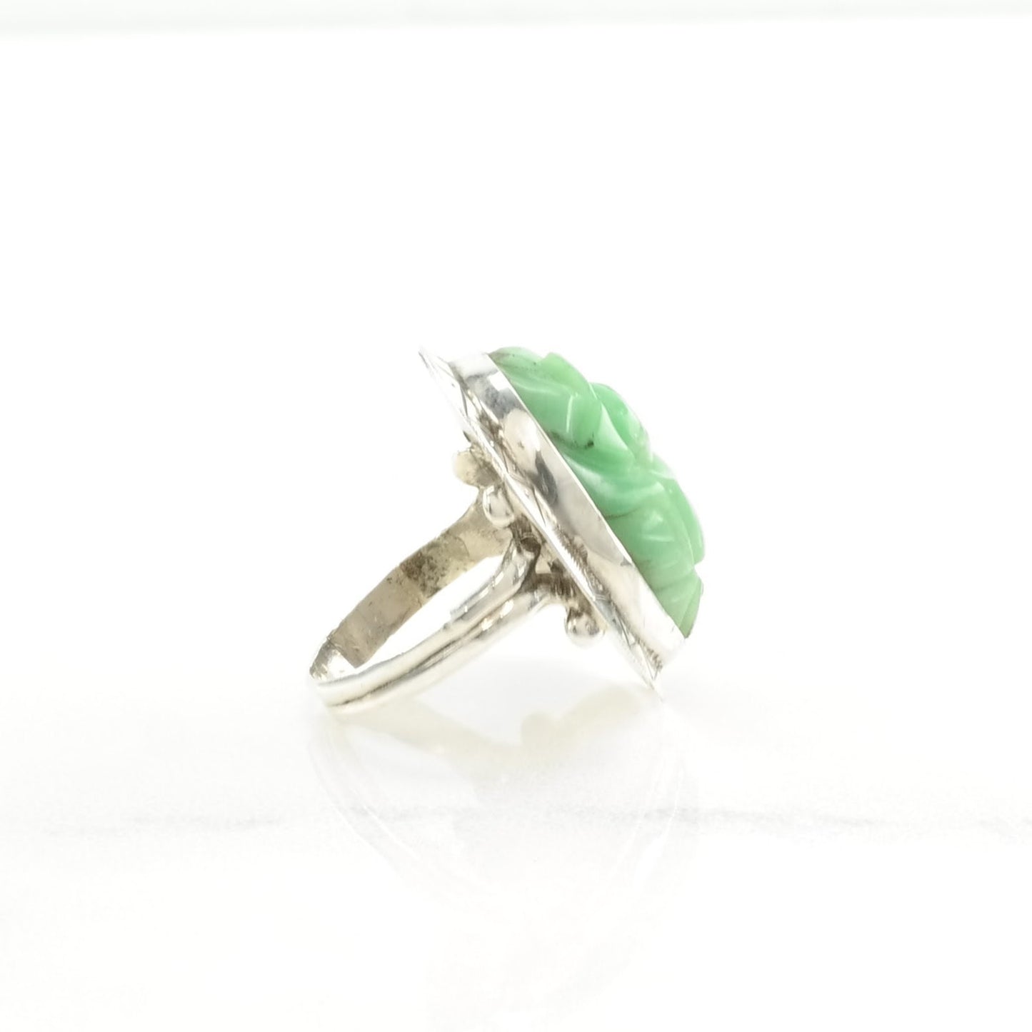 Sterling Silver Ring Jade Carved Green Size 4 3/4