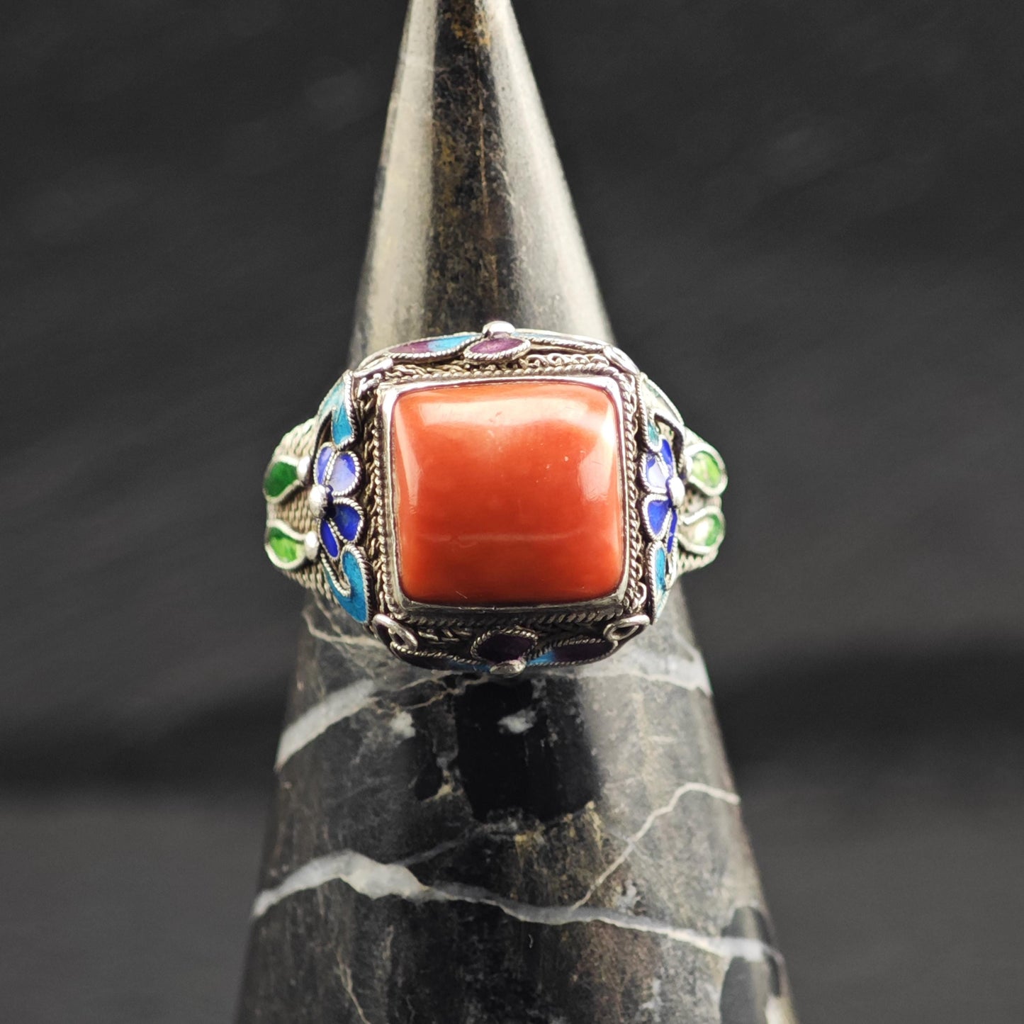 Chinese Export Enamel & Coral Sterling Silver Ring Sz 8 R6721