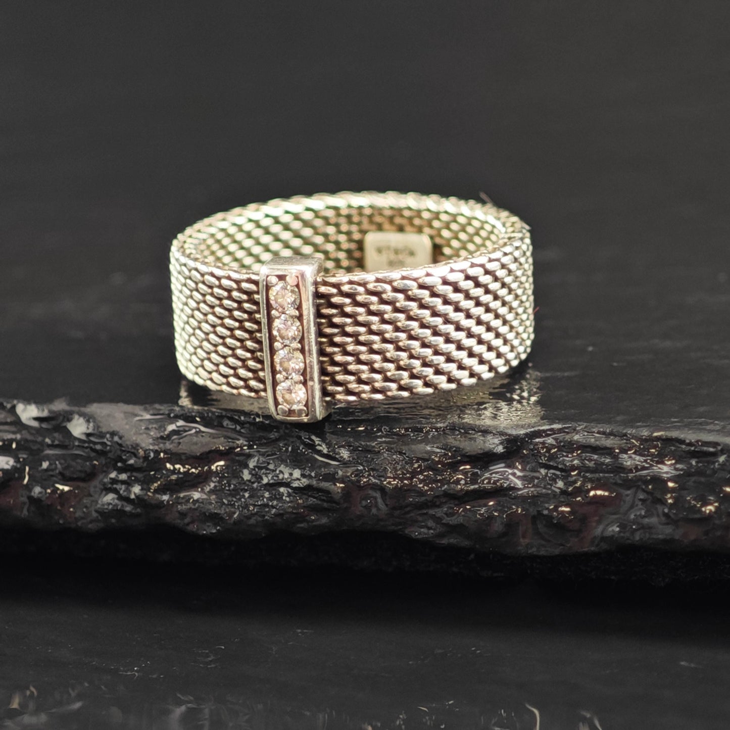 Vintage Tiffany & Co. Diamond Somerset Mesh Sterling Silver Ring Sz 5 1/4 R6579
