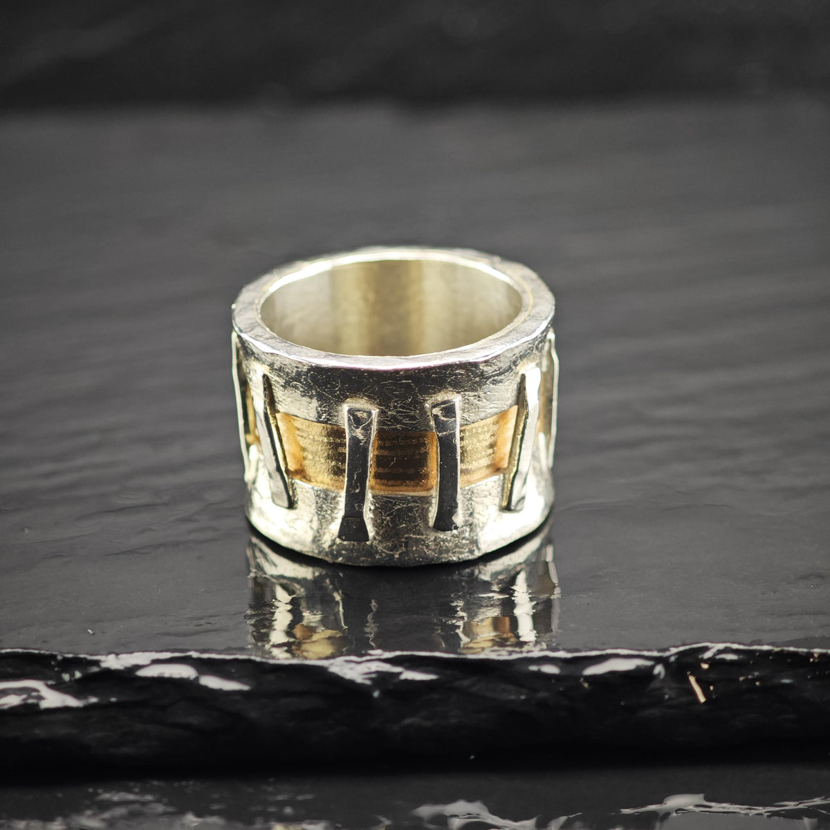 Abstract Modernist 14K Accent Thick Band Sterling Silver Ring Sz 9 R6811